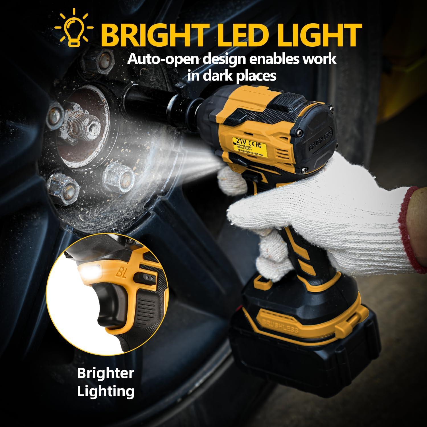 300N Cordless Impact Wrench, 21V Torque Power Driver, 1/2" Brushless Gun With 2*2.0Ah Batteries, 19 Accessories, Electric Motor Variable Speeds for Home Installation (Yellow)