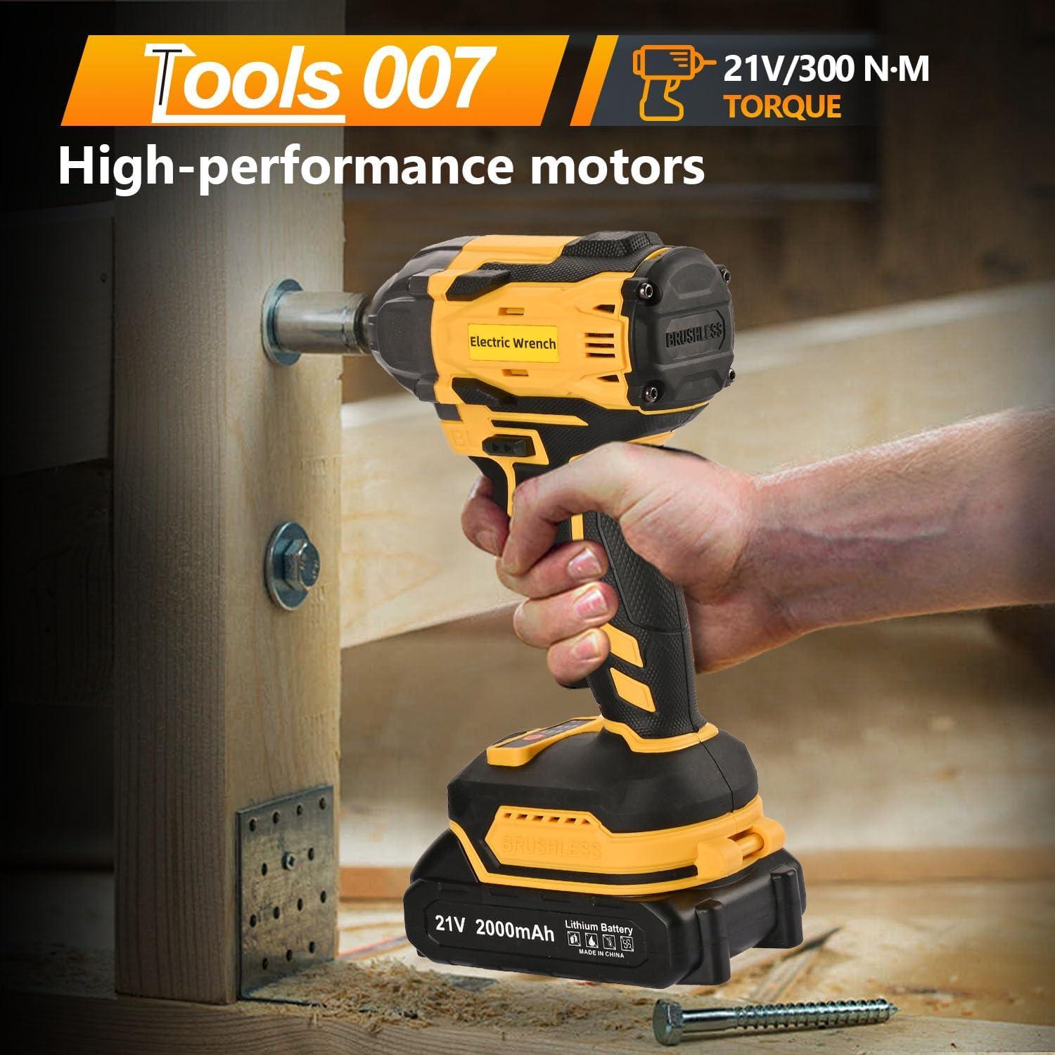 300N Cordless Impact Wrench, 21V Torque Power Driver, 1/2" Brushless Gun With 2*2.0Ah Batteries, 19 Accessories, Electric Motor Variable Speeds for Home Installation (Yellow)