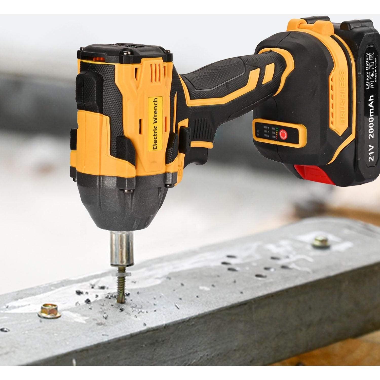 300N Cordless Impact Wrench, 21V Torque Power Driver, 1/2" Brushless Gun With 2*2.0Ah Batteries, 19 Accessories, Electric Motor Variable Speeds for Home Installation (Yellow)