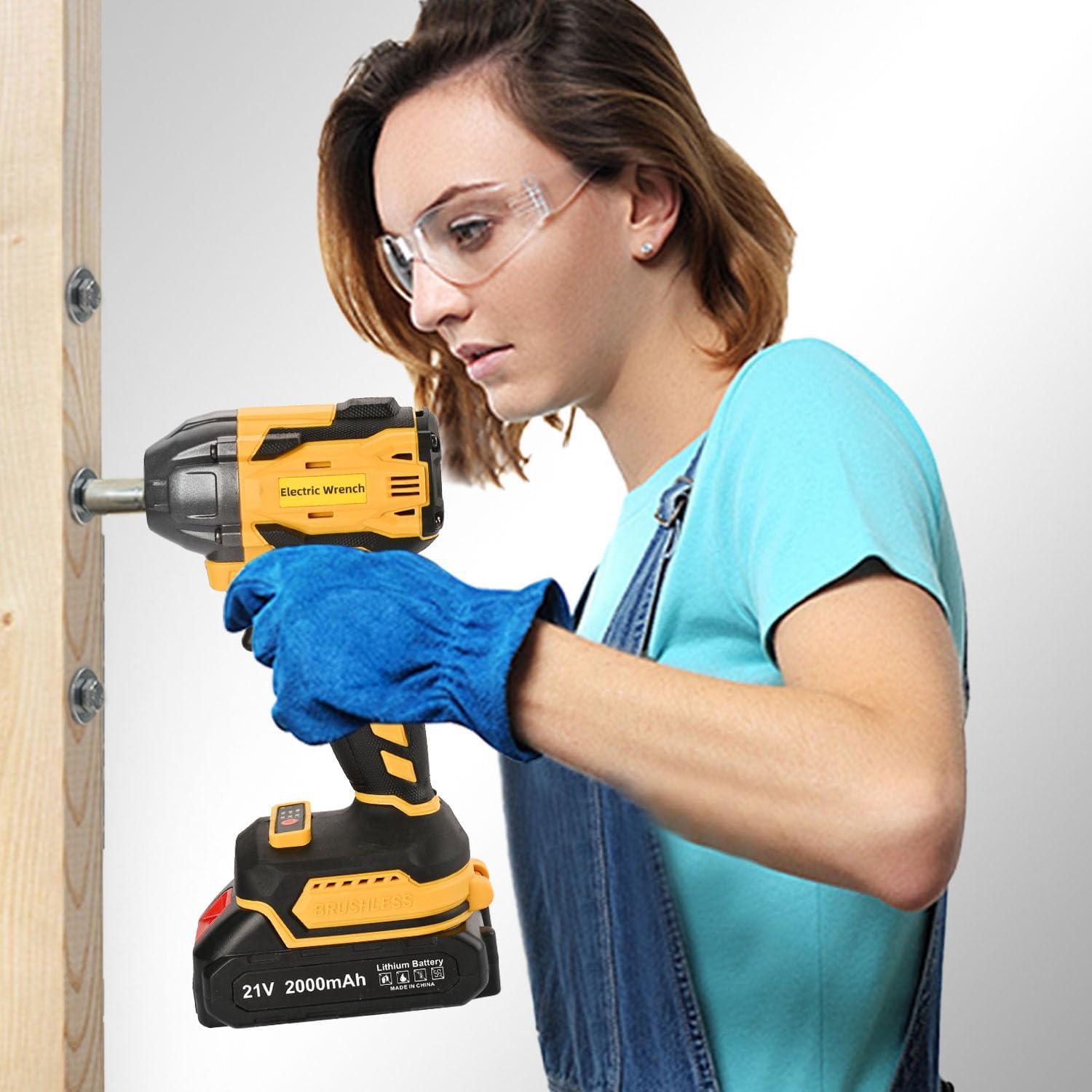 300N Cordless Impact Wrench, 21V Torque Power Driver, 1/2" Brushless Gun With 2*2.0Ah Batteries, 19 Accessories, Electric Motor Variable Speeds for Home Installation (Yellow)