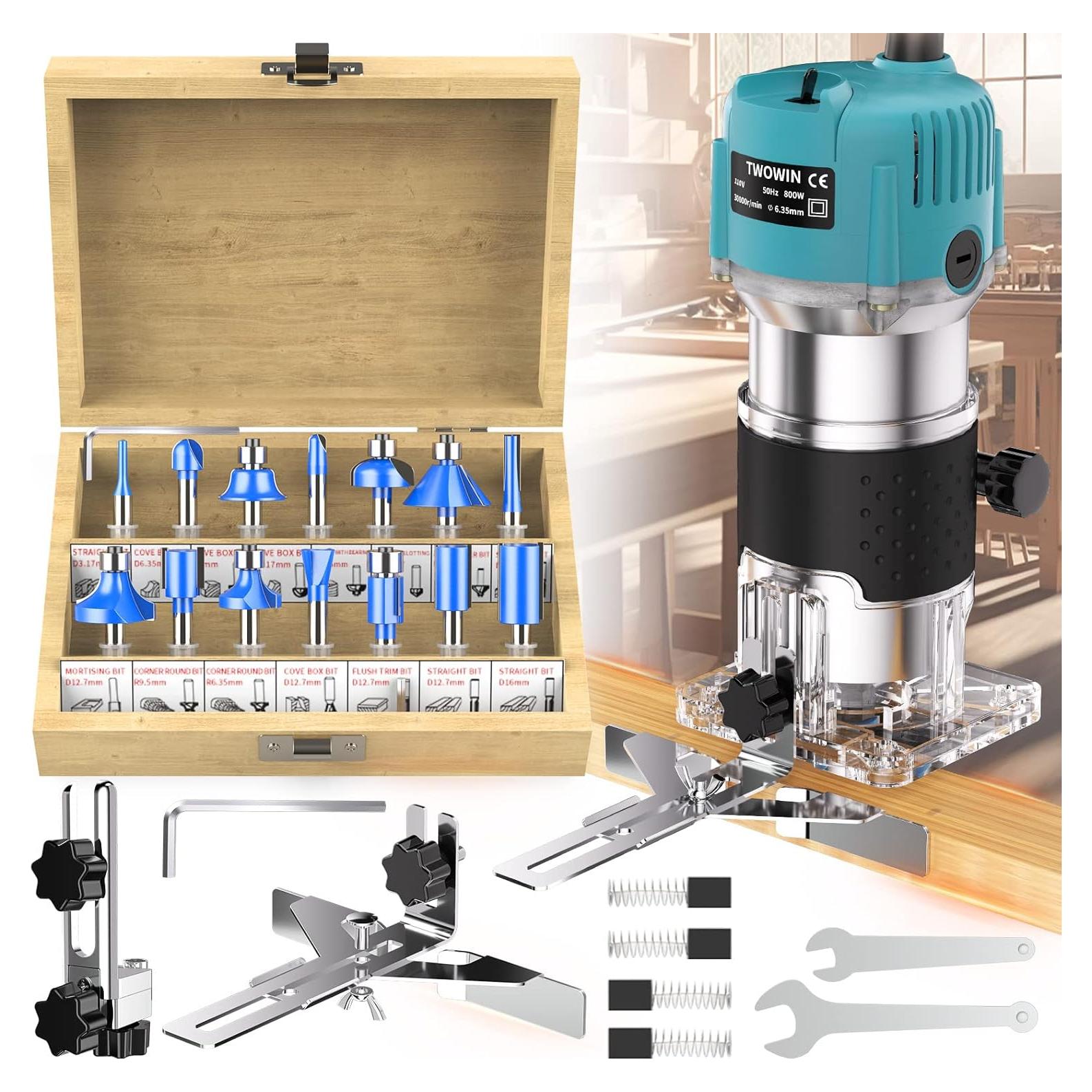 Router Compacto TwoWin 800W 110V con 15 Brocas de Carburo