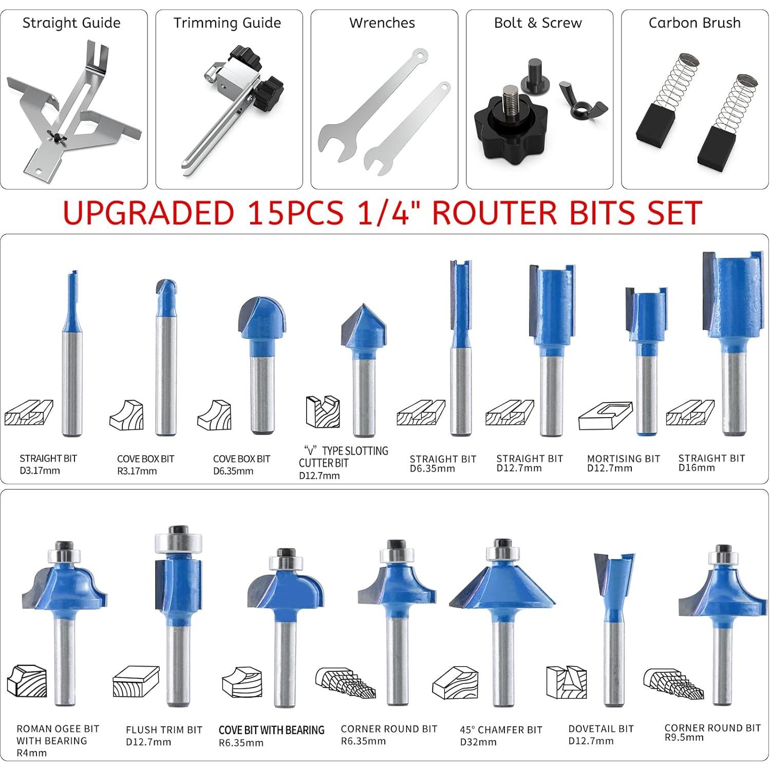 Router Compacto TwoWin 800W 110V con 15 Brocas de Carburo