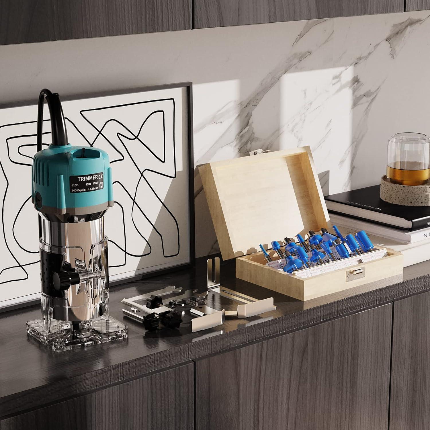 Router Compacto TwoWin 800W 110V con 15 Brocas de Carburo