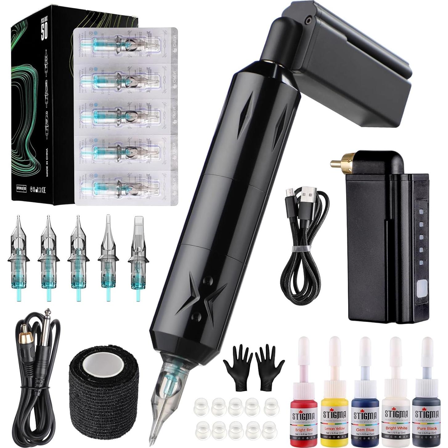 Kit de Tatuaje Inalámbrico STIGMA con 50 Agujas y Tinta