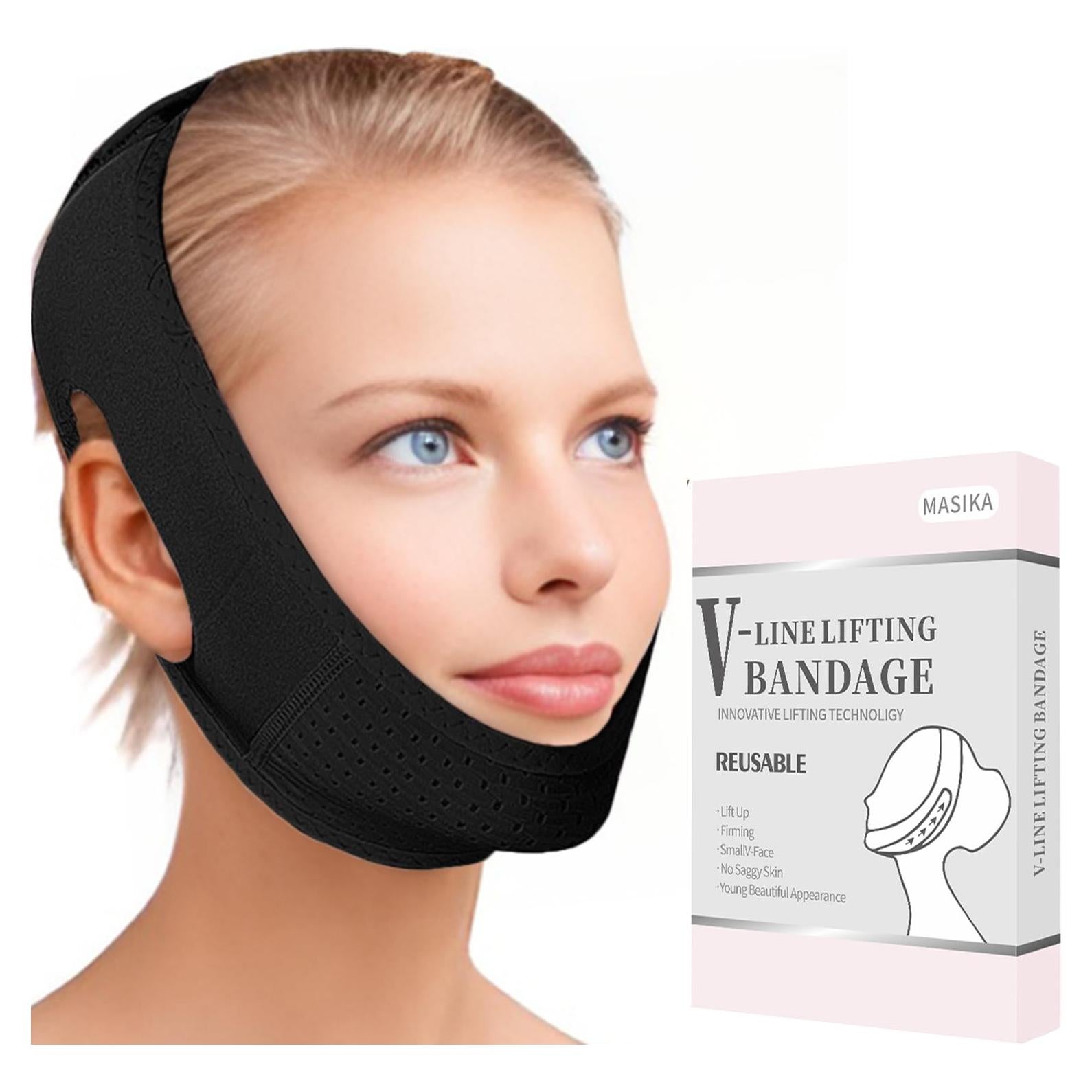 Correa de Barbilla MASIKA V-Line Negra para Dormir y Modelar