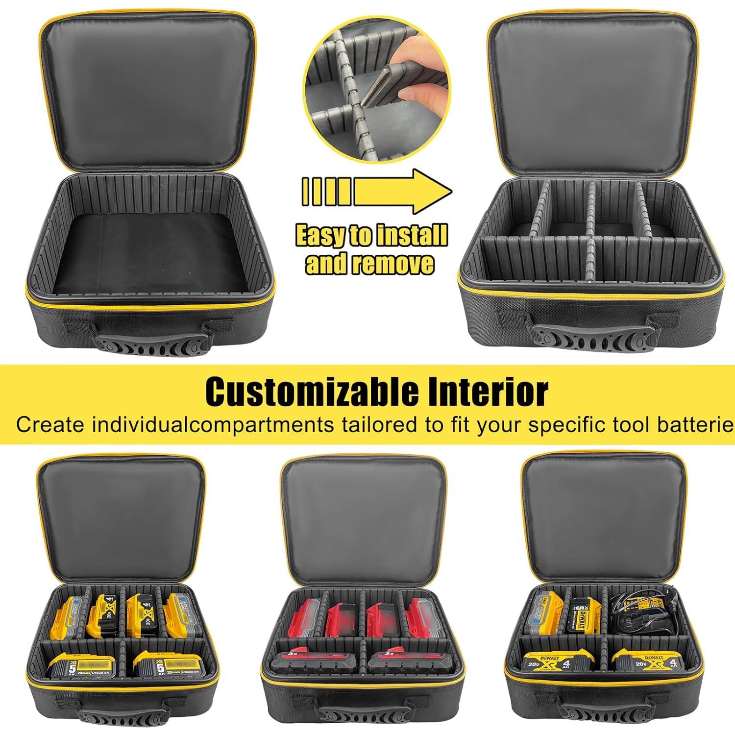 Extra Large Hard Tool Battery Carrying Case fits for Dewalt/Milwaukee/Makita 20V/60V/12V/18VBattery & Charger, Portable Power Tool Box Storage Bag with Adjustable Dividers for Accessories Organizer