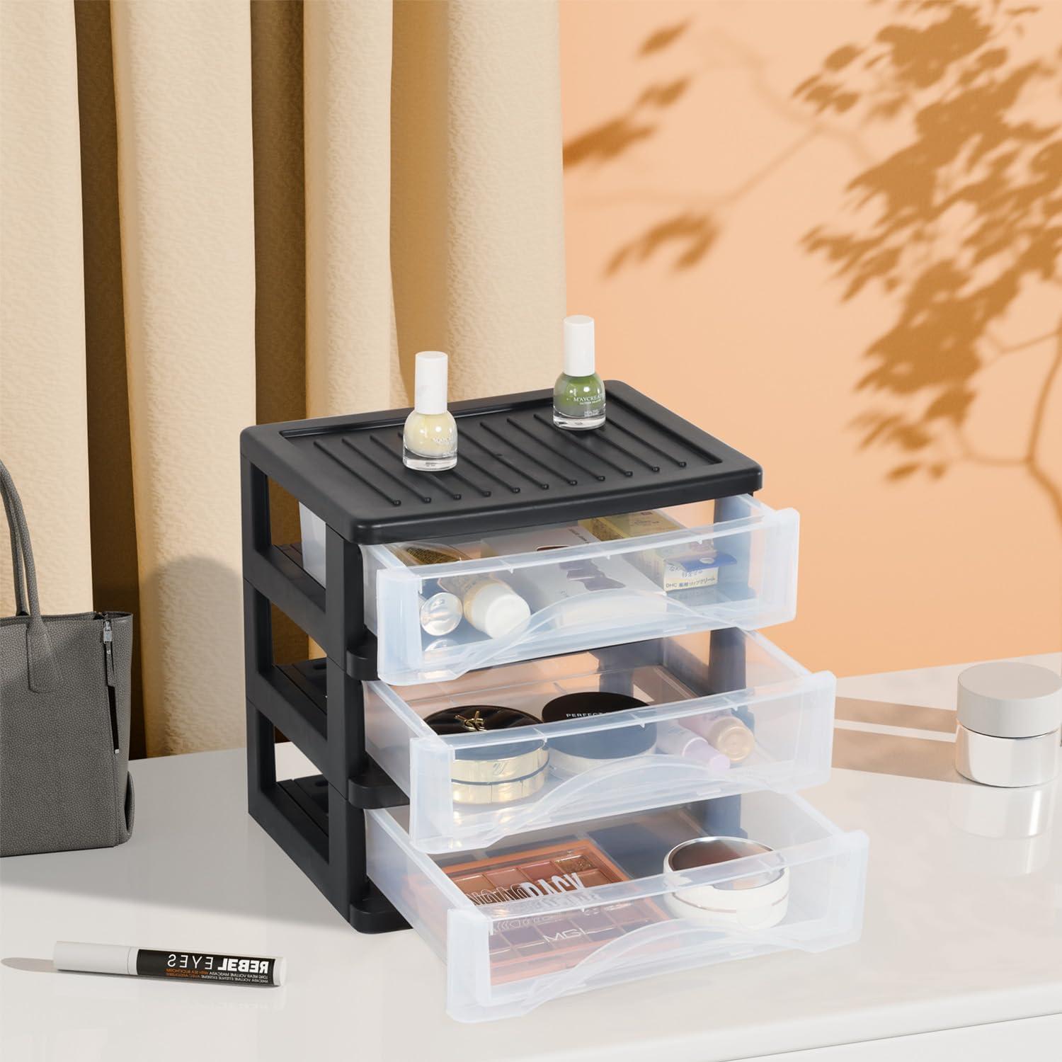 BYCY 3 Drawer Clear Stacking Desktop Organizer, Plastic Drawer Storage Container for Stationery Art Craft Supplies, Stackable Storage Drawers Make up Organizer for Office Supplies, School, Home