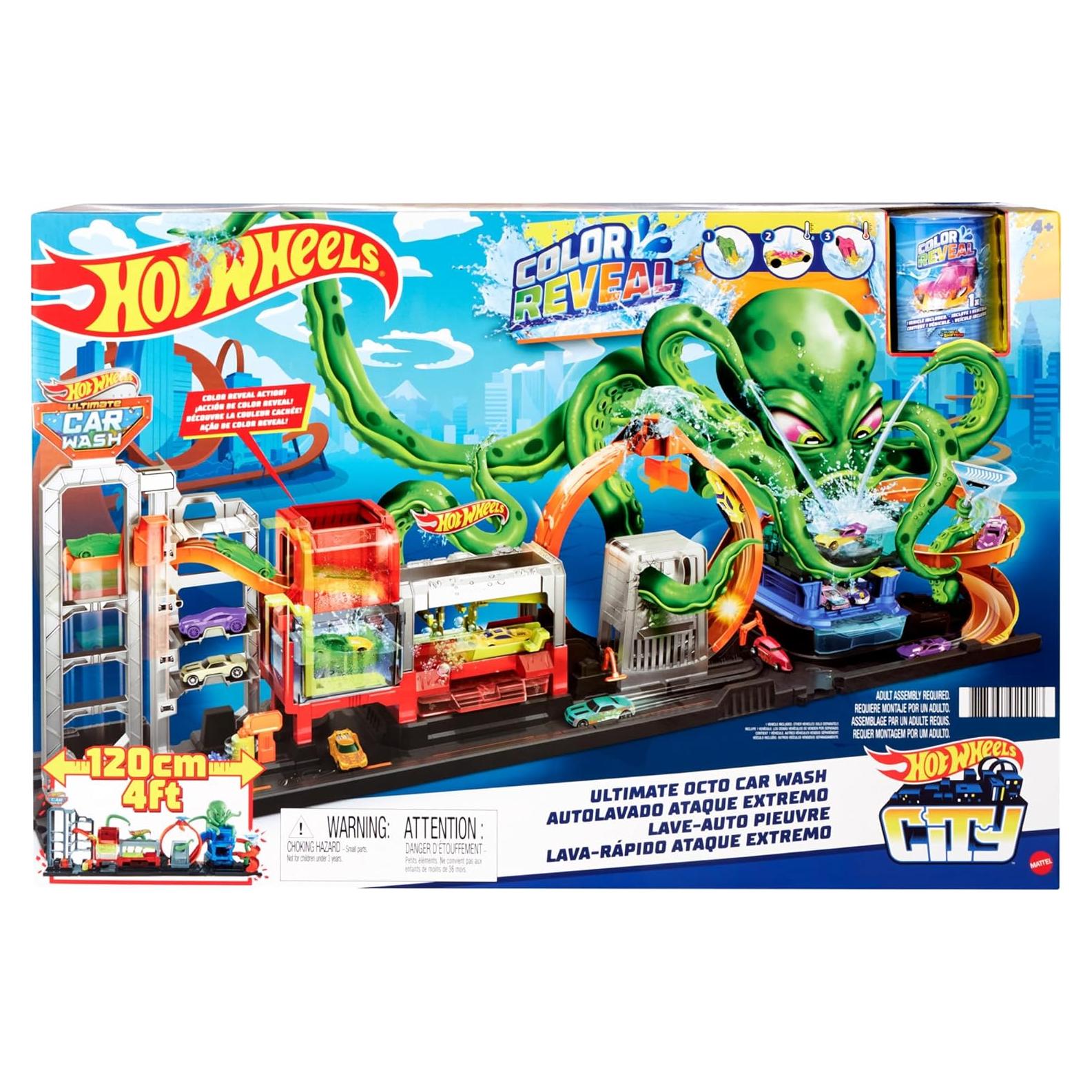 Hot Wheels City Toy Car Track Set, Ultimate Octo Car Wash Playset & Color Reveal Car in 1:64 Scale, Repeat Color Change in Very Warm & ICY Cold Water
