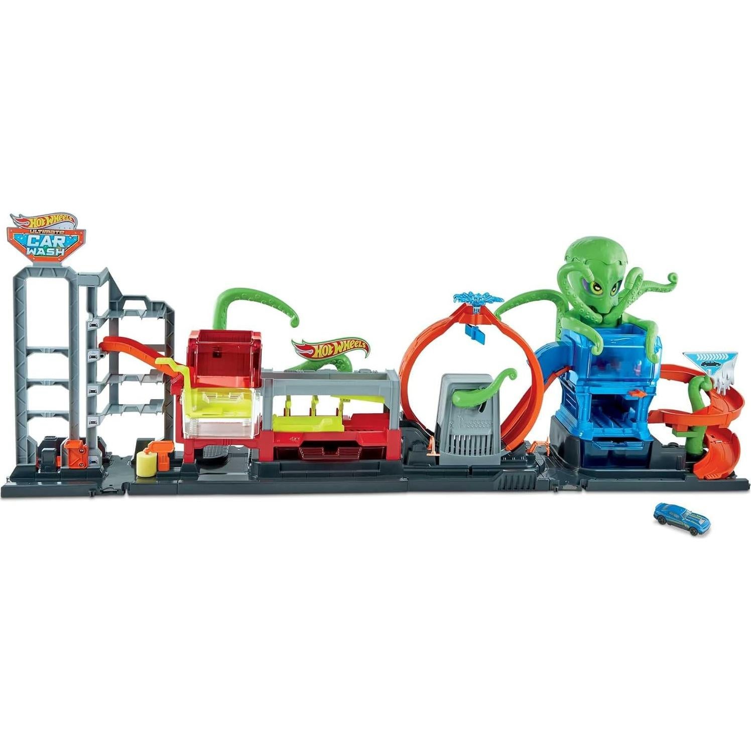 Hot Wheels City Toy Car Track Set, Ultimate Octo Car Wash Playset & Color Reveal Car in 1:64 Scale, Repeat Color Change in Very Warm & ICY Cold Water