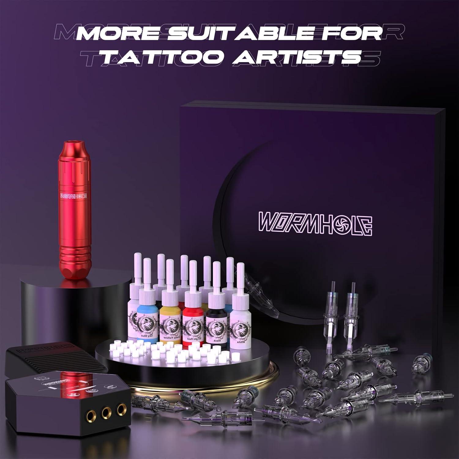 Kit de Tatuaje Wormhole WTK144 con Pluma, 20 Agujas y 10 Tintas