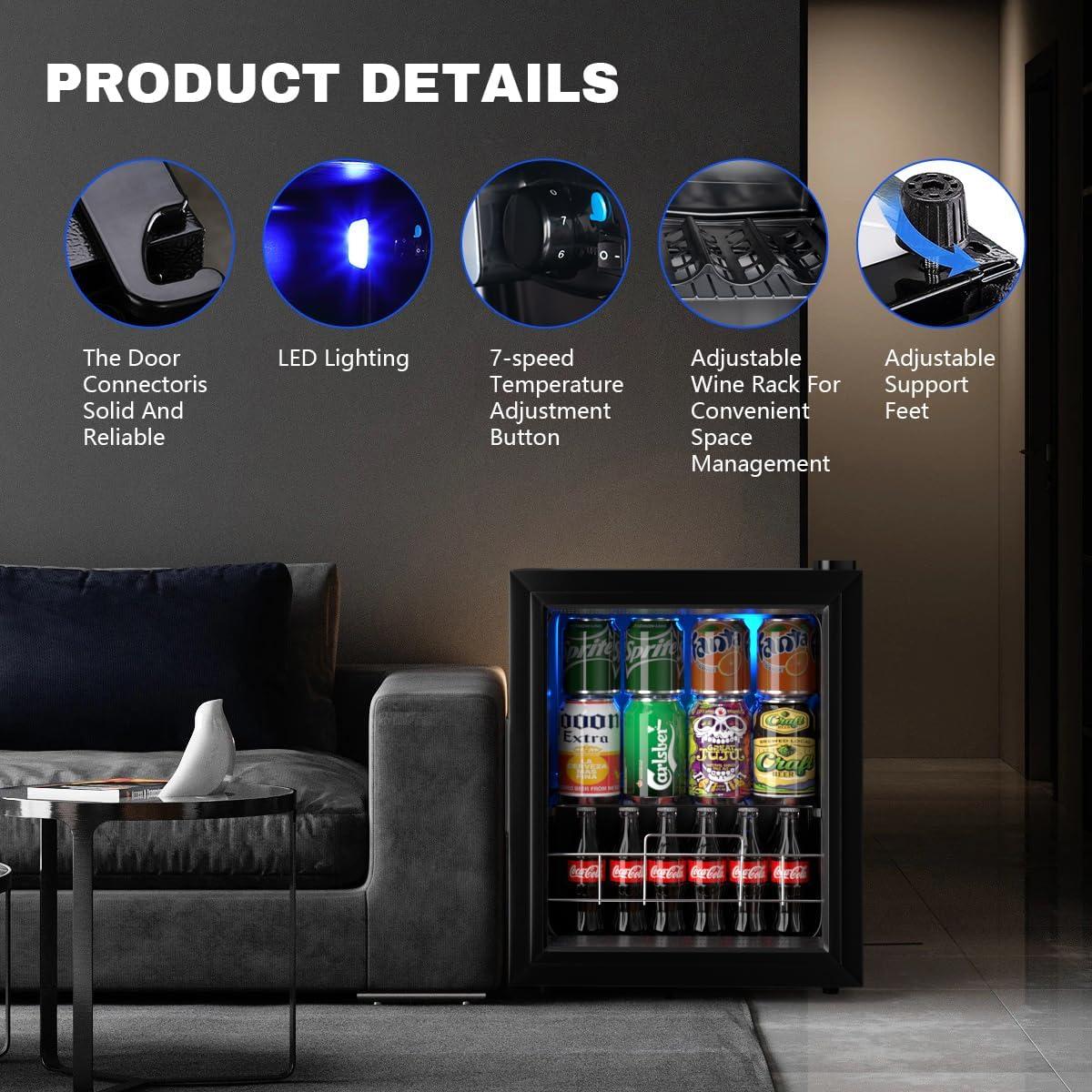 FLB-45 Small Mini Fridge Freestanding Beverage 75 Can, Cooler Refrigerator with Adjustable Shelving Glass Door for Beer Soda or Wine Perfect Office Home or Bar, Black