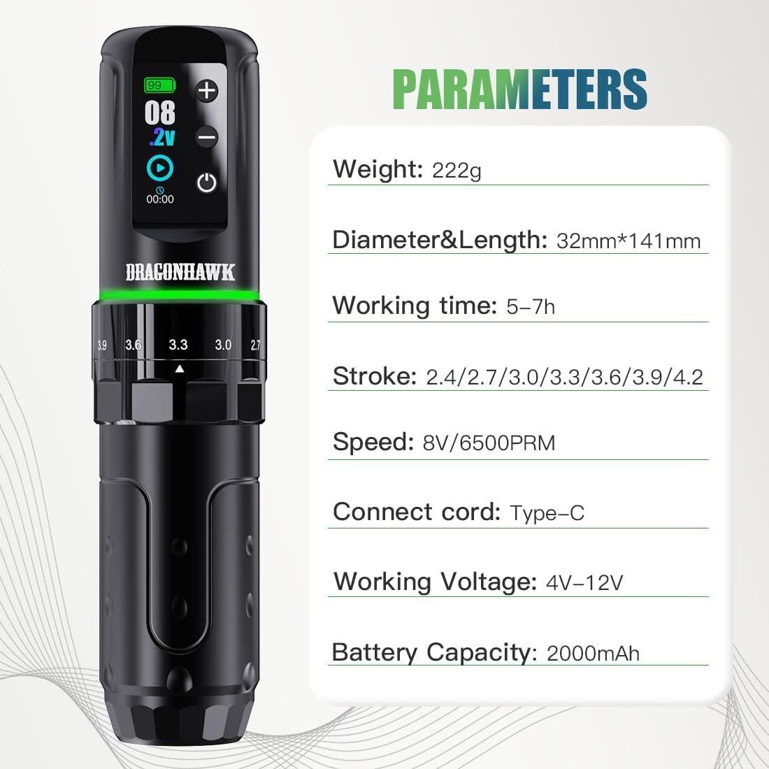 Máquina de Tatuaje Dragonhawk L3 Inalámbrica 7 Golpes Plata