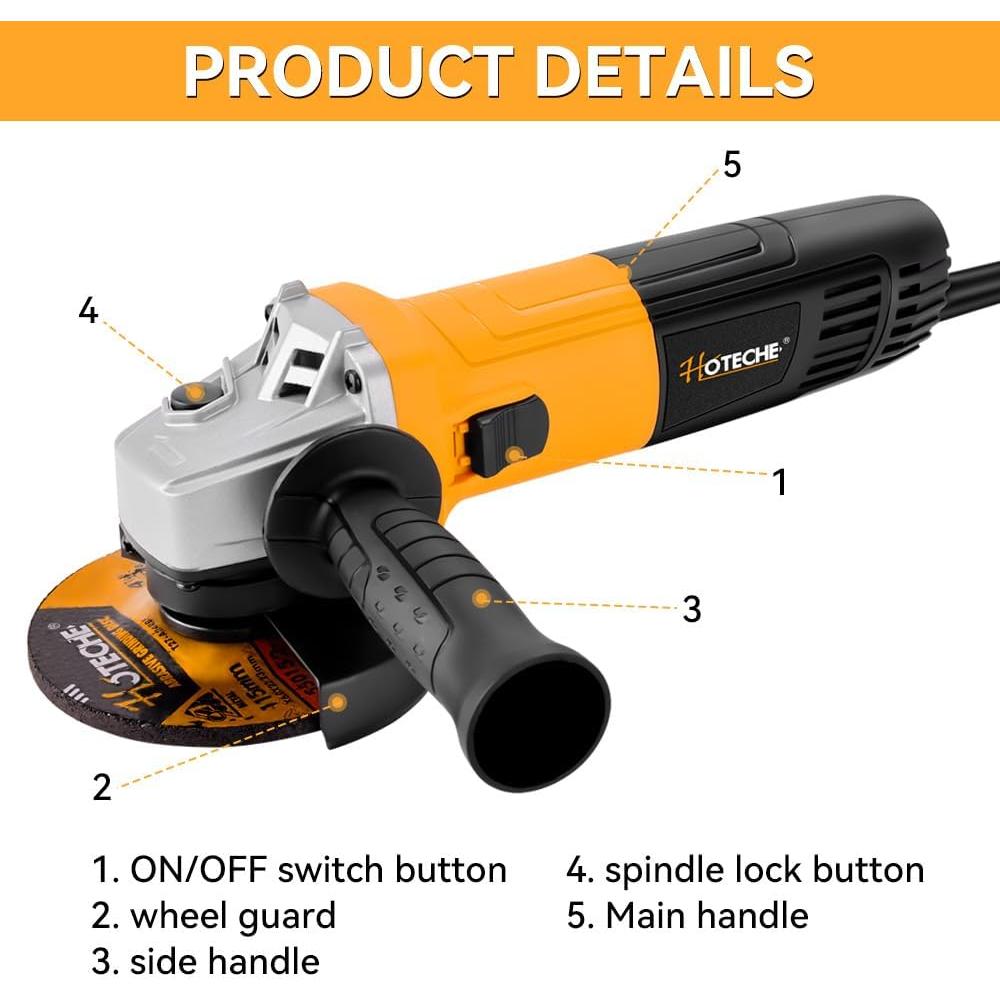 Amoladora Angular Hoteche 4.5" 710W 6A para Metal y Masonería