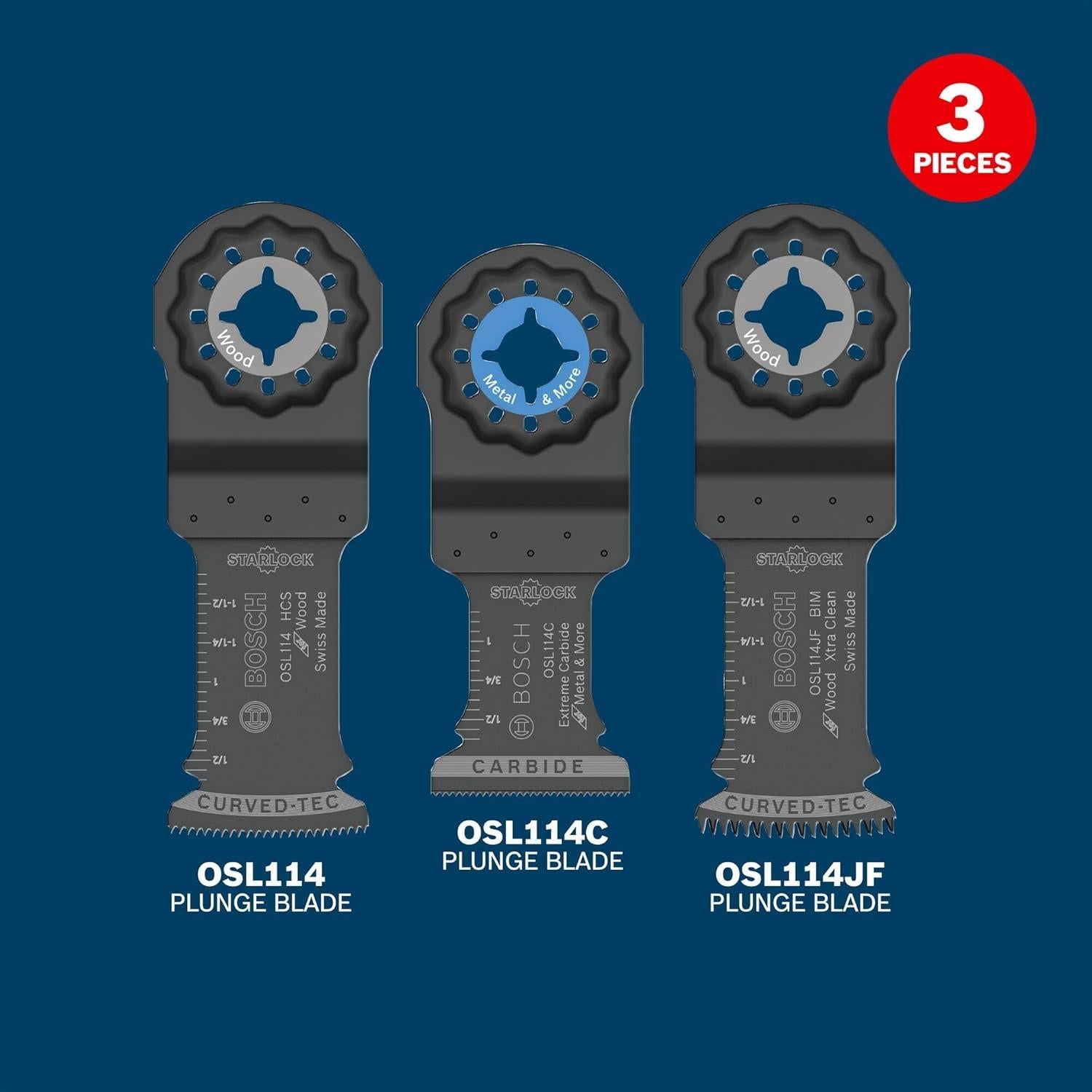 BOSCH OSL003VP 3-Piece 1-1/4 in. Starlock Oscillating Multi Tool Assorted Set Plunge Cut Blades for Mixed Applications in Metal, Wood, and Other General Purpose Materials