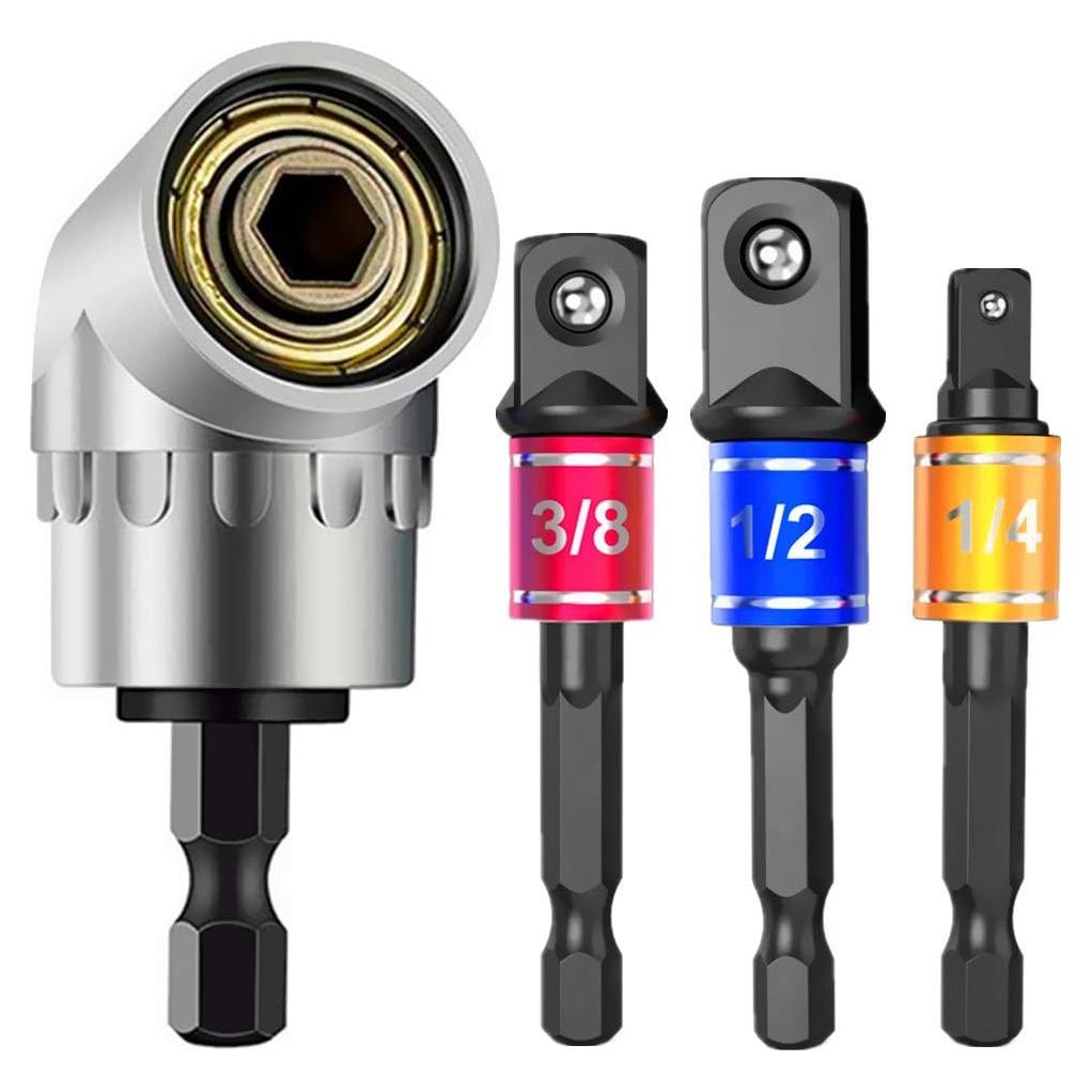 Impact Grade Power Hand Tools Driver Sockets Adapter Extension Set, 3Pcs 1/4 3/8 1/2" Hex Shank Drill Nut Driver Bit Set + 105 Degree Right Angle Driver Extension Screwdriver Drill Attachment