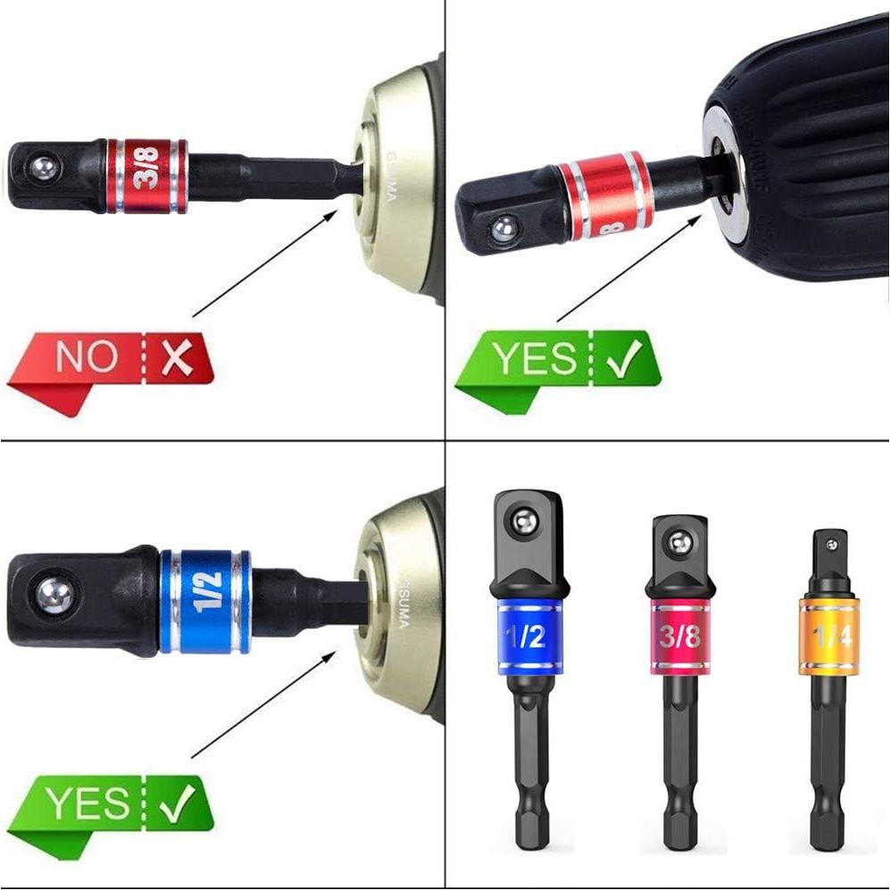 Impact Grade Power Hand Tools Driver Sockets Adapter Extension Set, 3Pcs 1/4 3/8 1/2" Hex Shank Drill Nut Driver Bit Set + 105 Degree Right Angle Driver Extension Screwdriver Drill Attachment