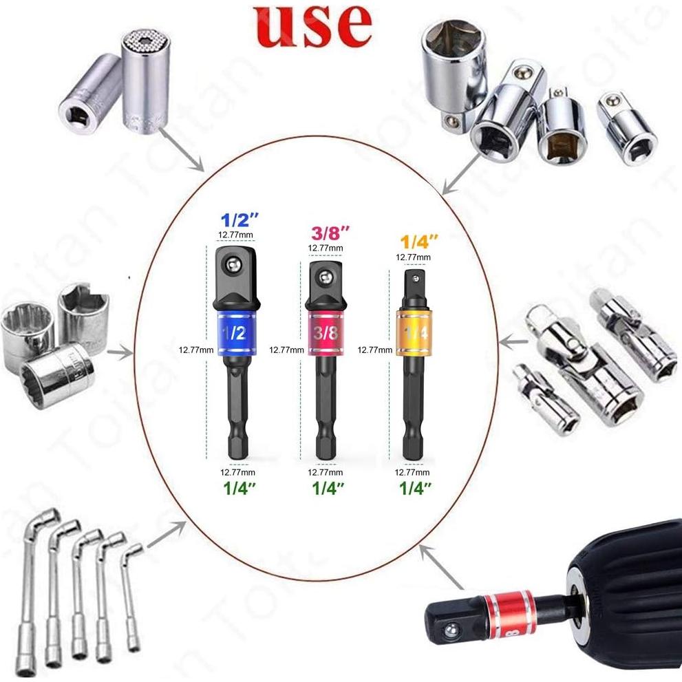 Impact Grade Power Hand Tools Driver Sockets Adapter Extension Set, 3Pcs 1/4 3/8 1/2" Hex Shank Drill Nut Driver Bit Set + 105 Degree Right Angle Driver Extension Screwdriver Drill Attachment