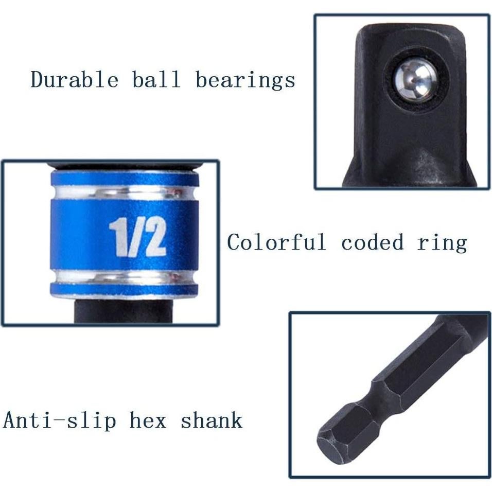 Impact Grade Power Hand Tools Driver Sockets Adapter Extension Set, 3Pcs 1/4 3/8 1/2" Hex Shank Drill Nut Driver Bit Set + 105 Degree Right Angle Driver Extension Screwdriver Drill Attachment