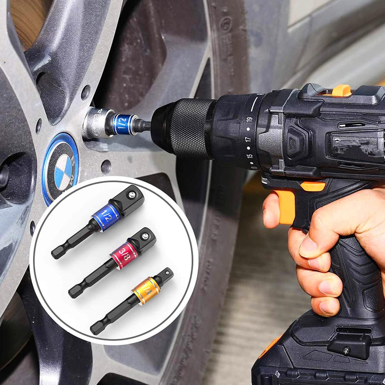 Impact Grade Power Hand Tools Driver Sockets Adapter Extension Set, 3Pcs 1/4 3/8 1/2" Hex Shank Drill Nut Driver Bit Set + 105 Degree Right Angle Driver Extension Screwdriver Drill Attachment