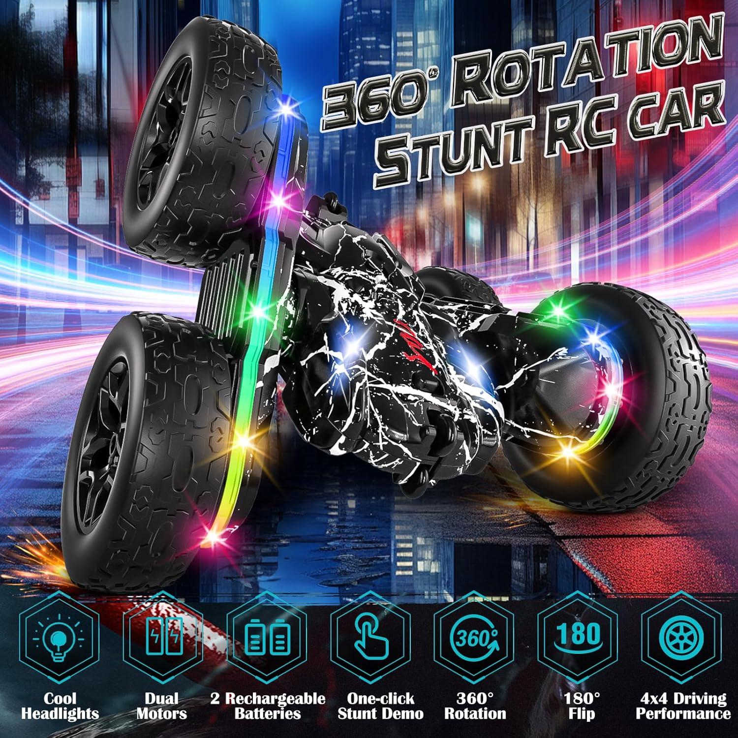 Rc Cars Toys for Boys Remote Control Car 2.4 GHz Black Toys for Ages 5-7 Kids Toys New Upgraded Strip Lights 360° Rotating Rc Truck Birthday (Black)