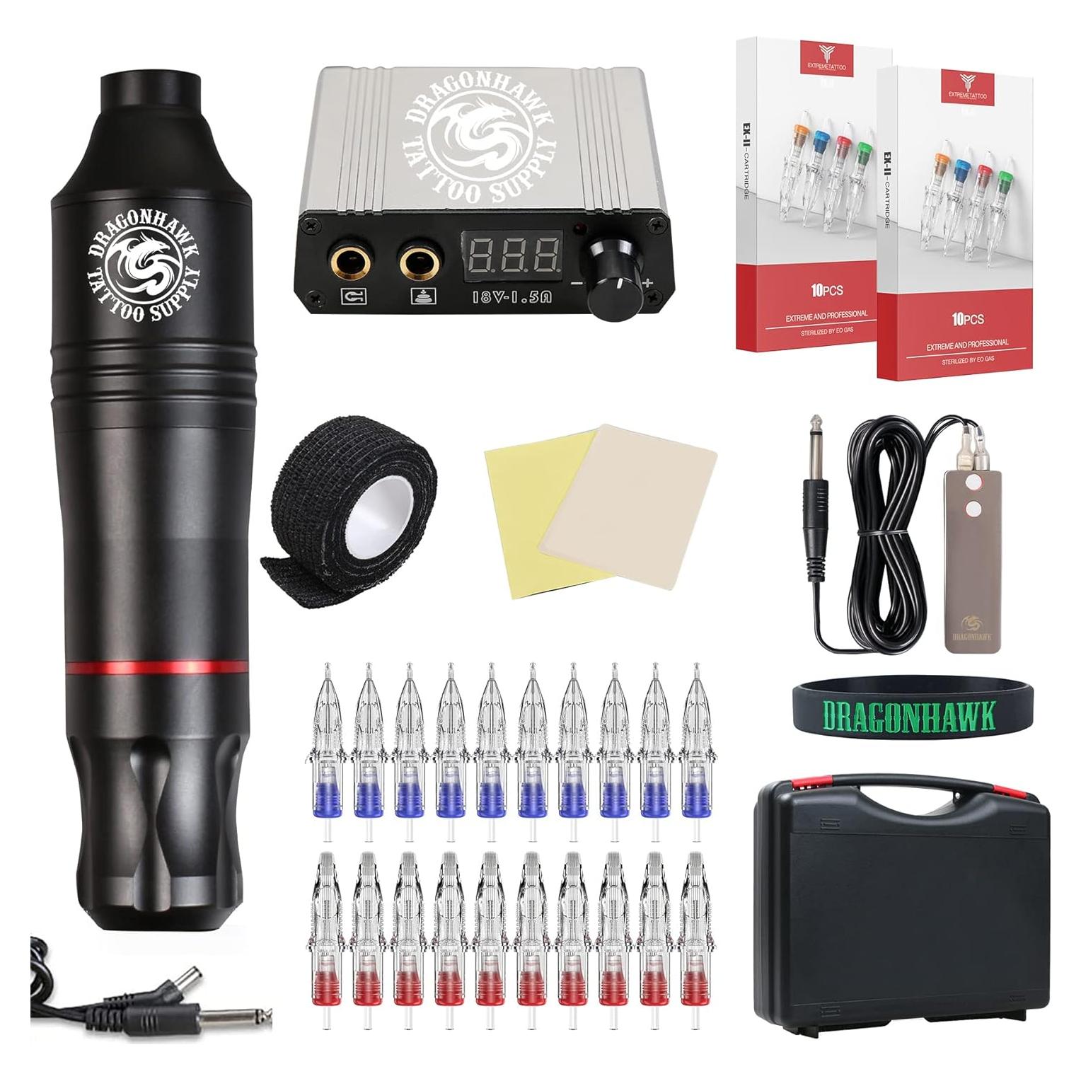 Kit de Tatuaje Profesional Dragonhawk Atom con Agujas y Fuente