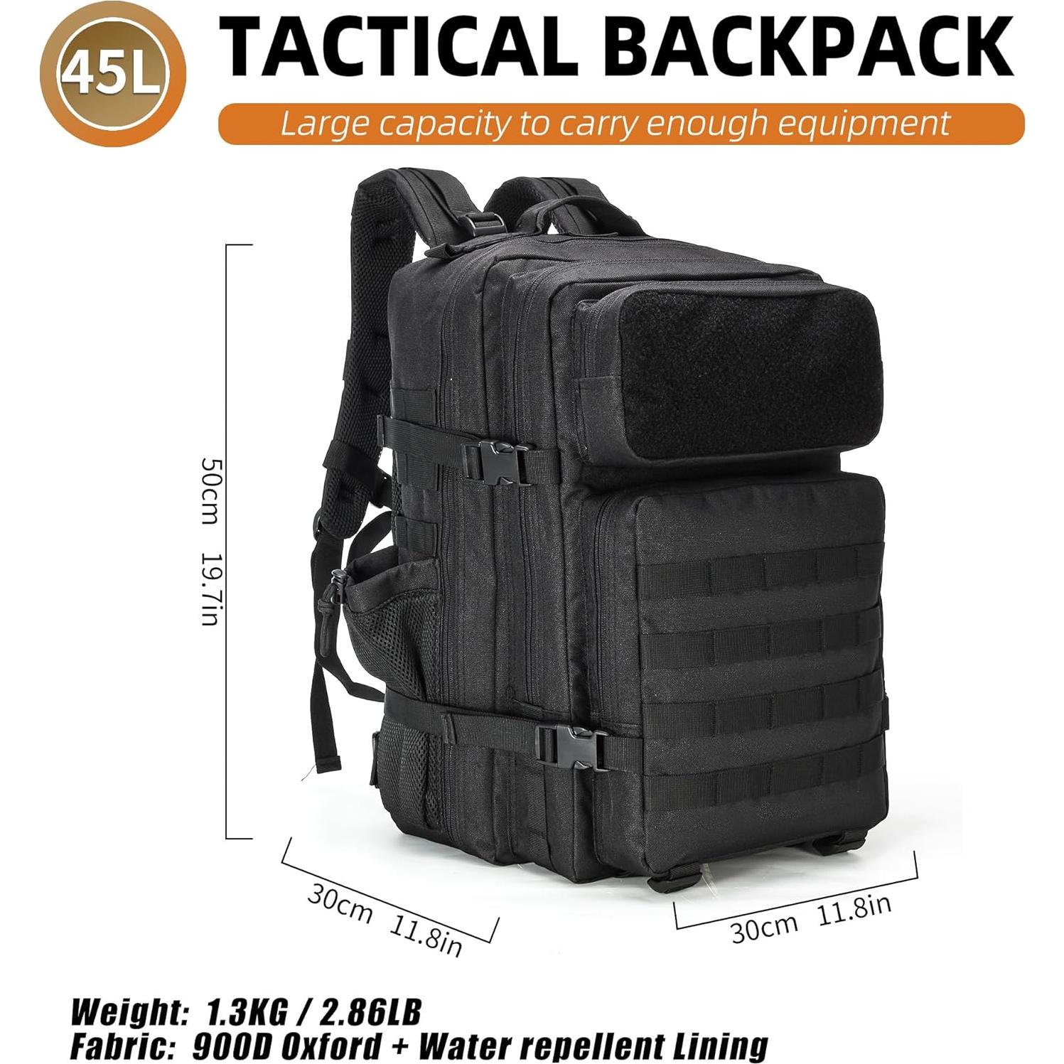 Mochila Táctica Militar 45L para Camping y Senderismo - Negro