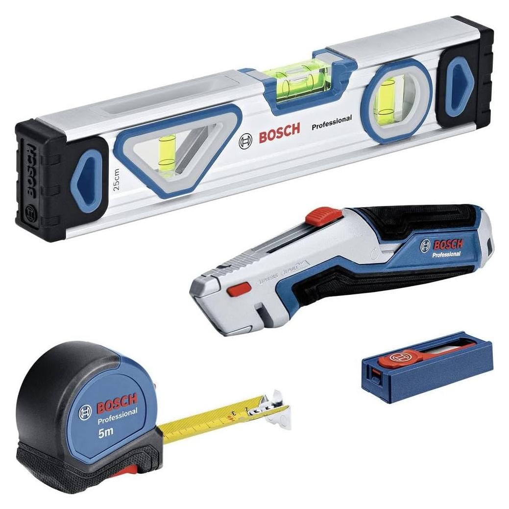 Bosch Professional 13-Part Professional Tool Set (with 25 cm Spirit Level, 5 m Measuring Tape, Utility Knife with Retractable Blade and 10-Part Blade Set)
