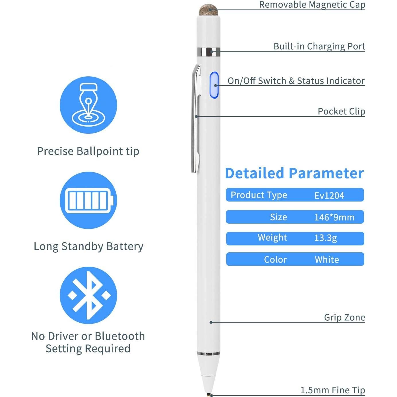 Lápiz Digital Activo EVACH K825 Punta Fina 1.5mm Blanco