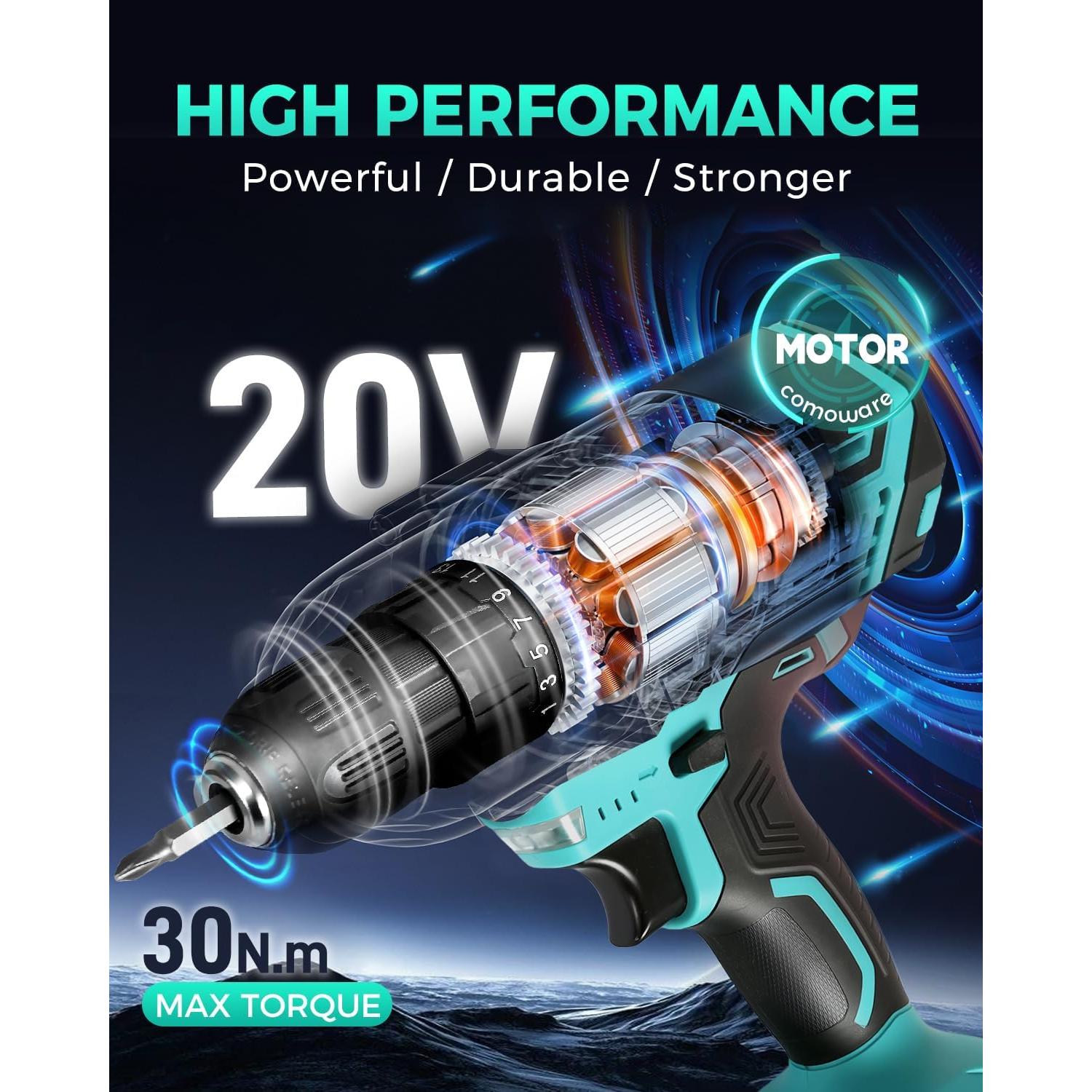 Taladro Inalámbrico COMOWARE 20V con Batería y Accesorios