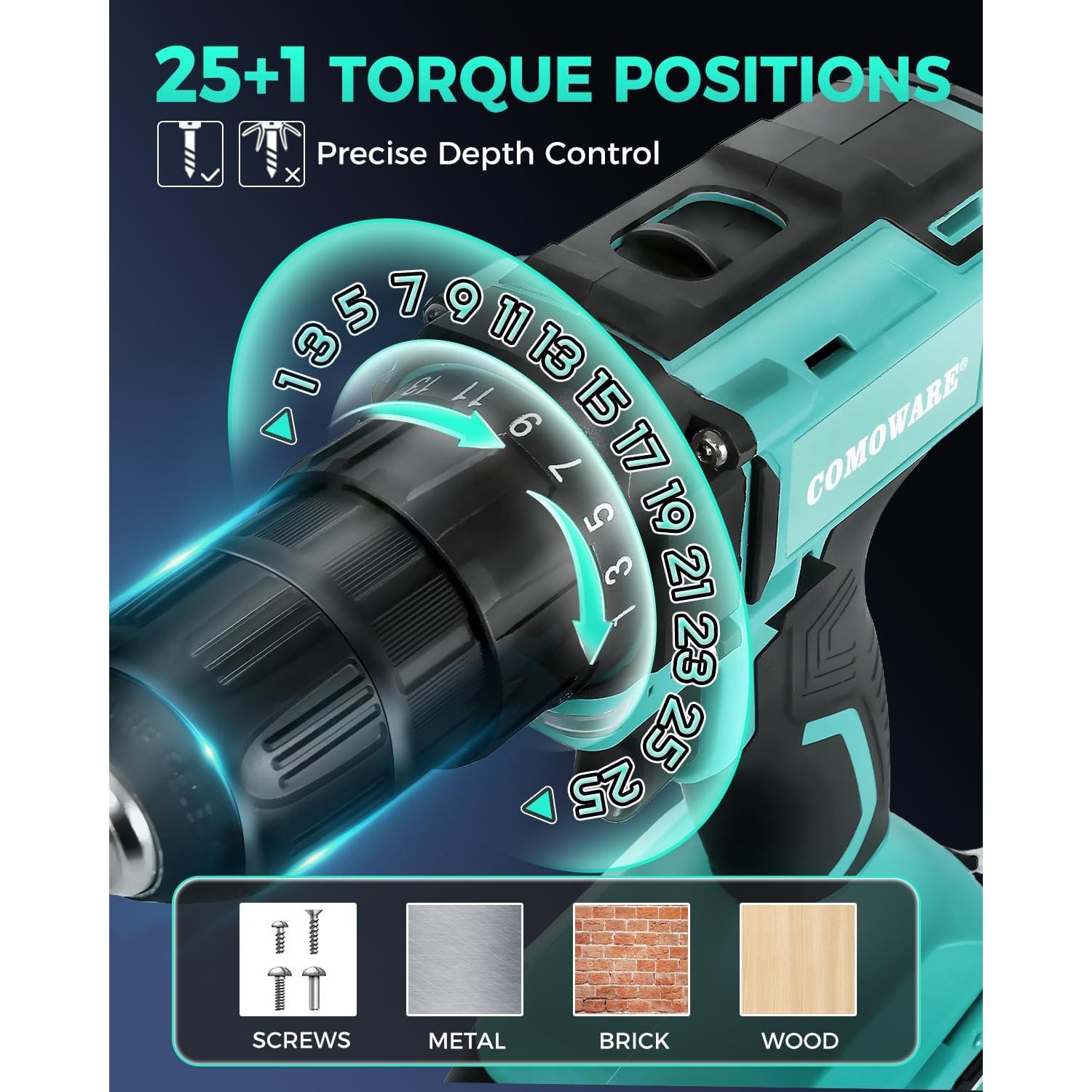 Taladro Inalámbrico COMOWARE 20V con Batería y Accesorios