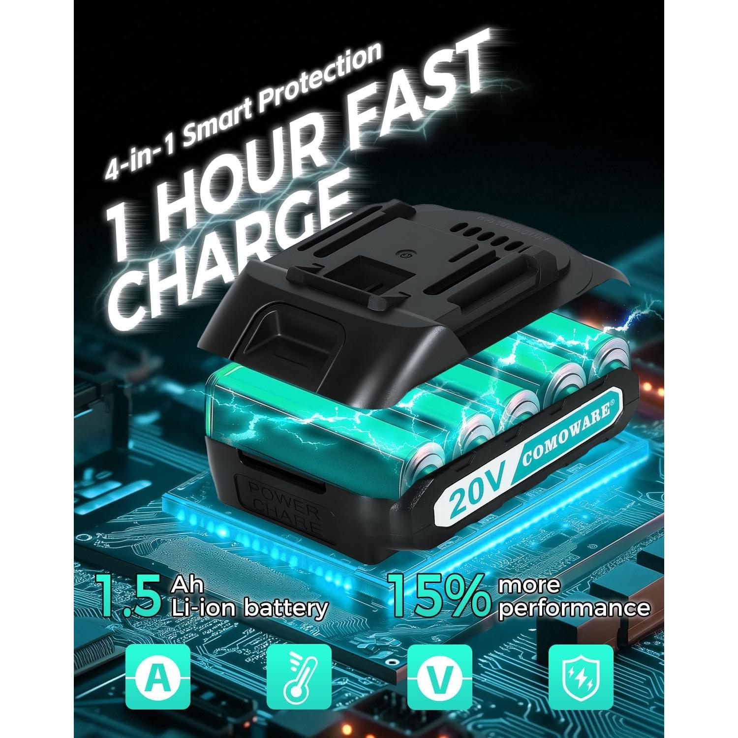 Taladro Inalámbrico COMOWARE 20V con Batería y Accesorios