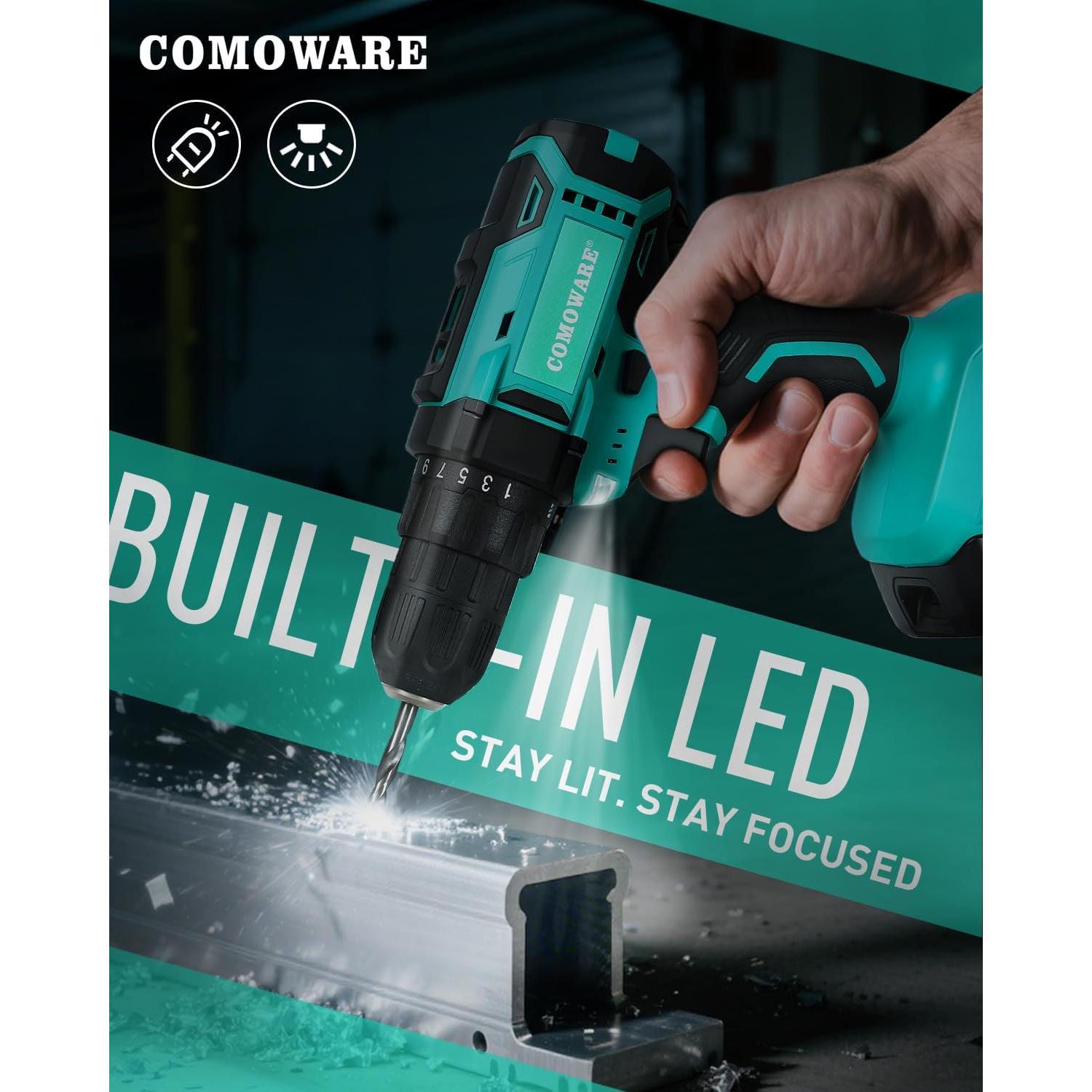 Taladro Inalámbrico COMOWARE 20V con Batería y Accesorios