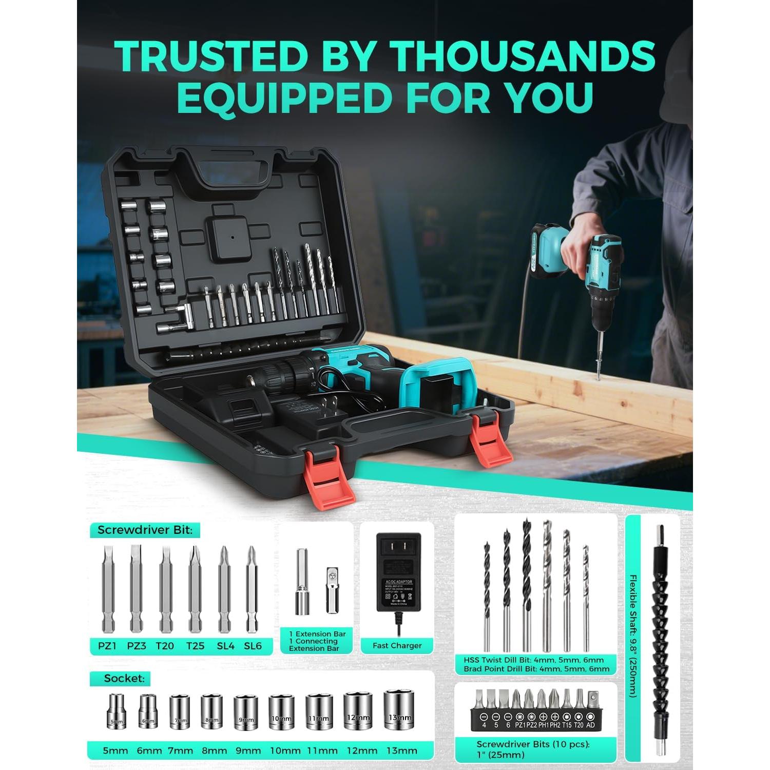 Taladro Inalámbrico COMOWARE 20V con Batería y Accesorios