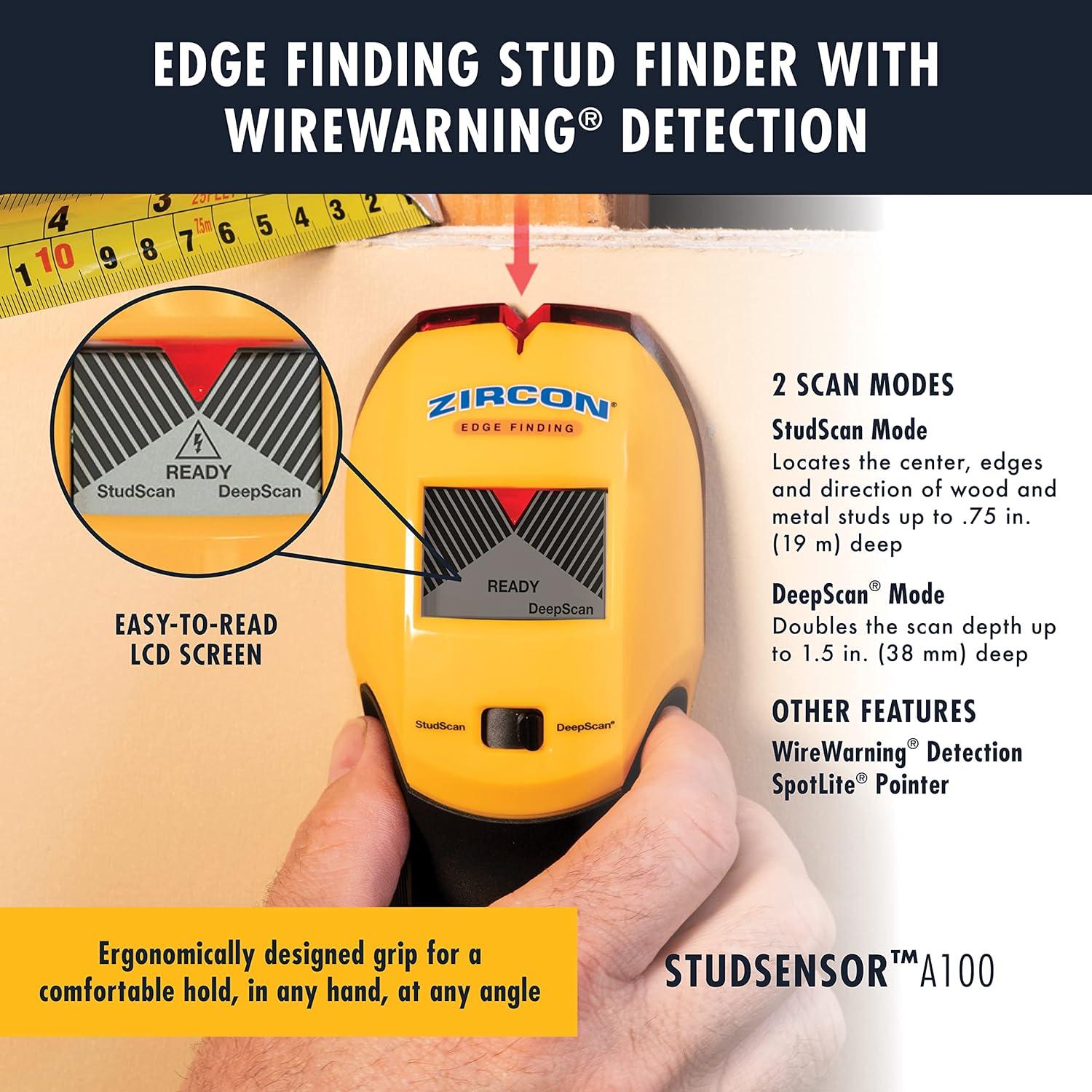 Zircon StudSensor A100 Wall Scanner and Center/Edge Locating Stud Finder with WireWarning Detection