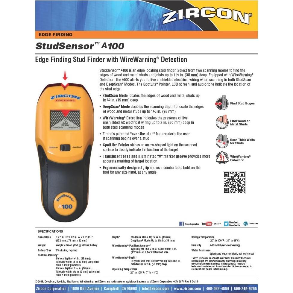 Zircon StudSensor A100 Wall Scanner and Center/Edge Locating Stud Finder with WireWarning Detection