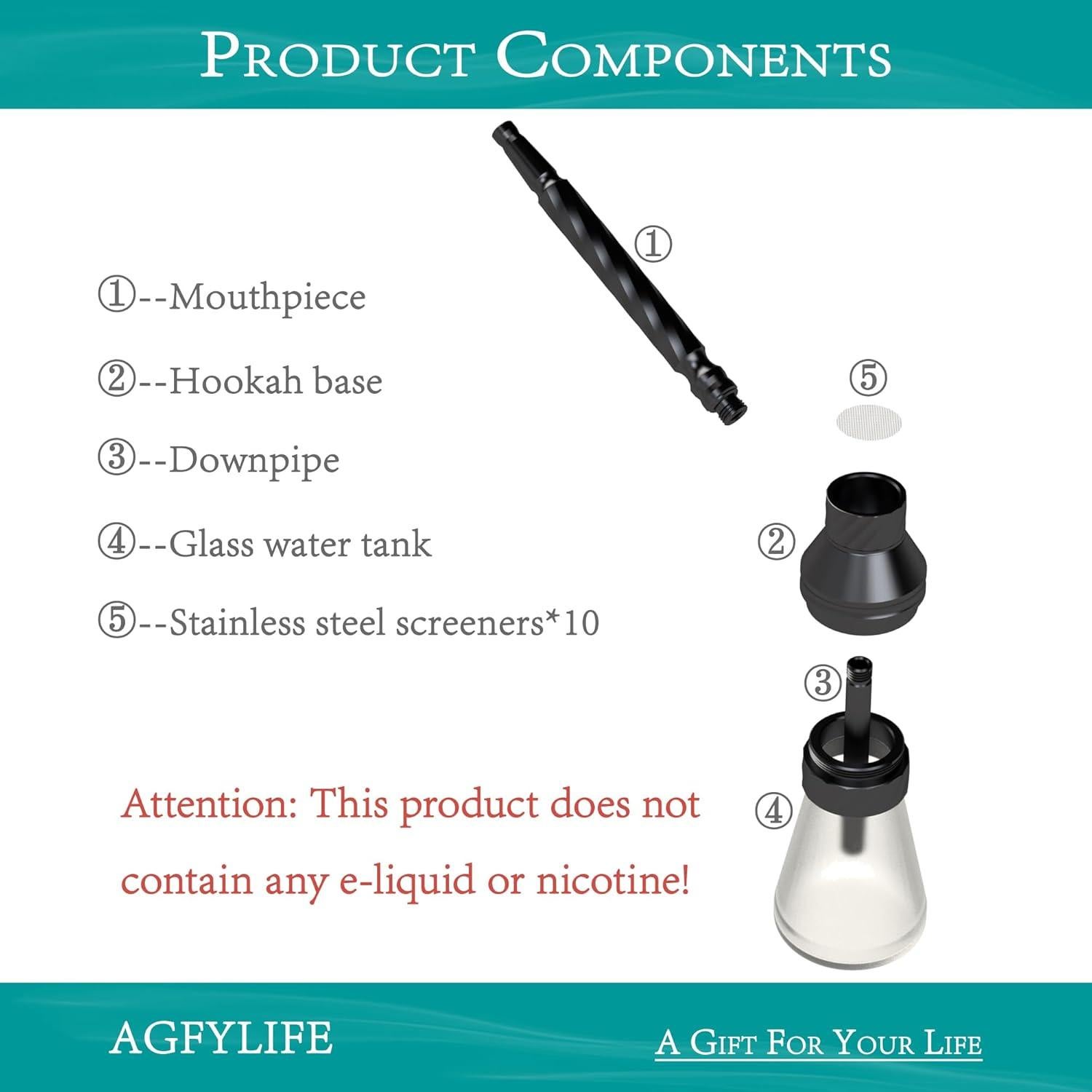 Hookah Portátil AGFYLIFE Mini de Vidrio y Aluminio - Negra