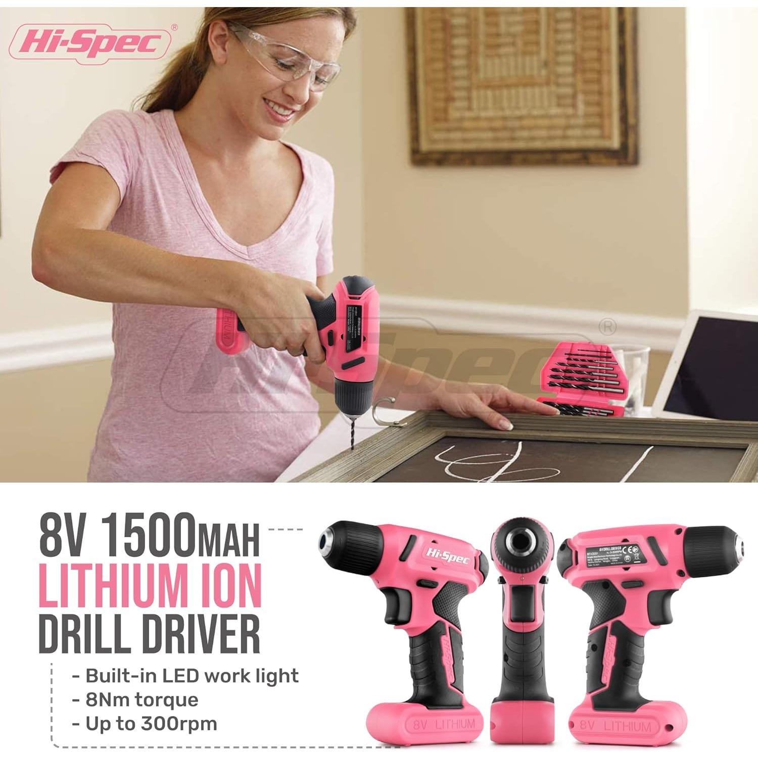 Kit de Herramientas Rosa Hi-Spec 58 Piezas con Taladro 8V