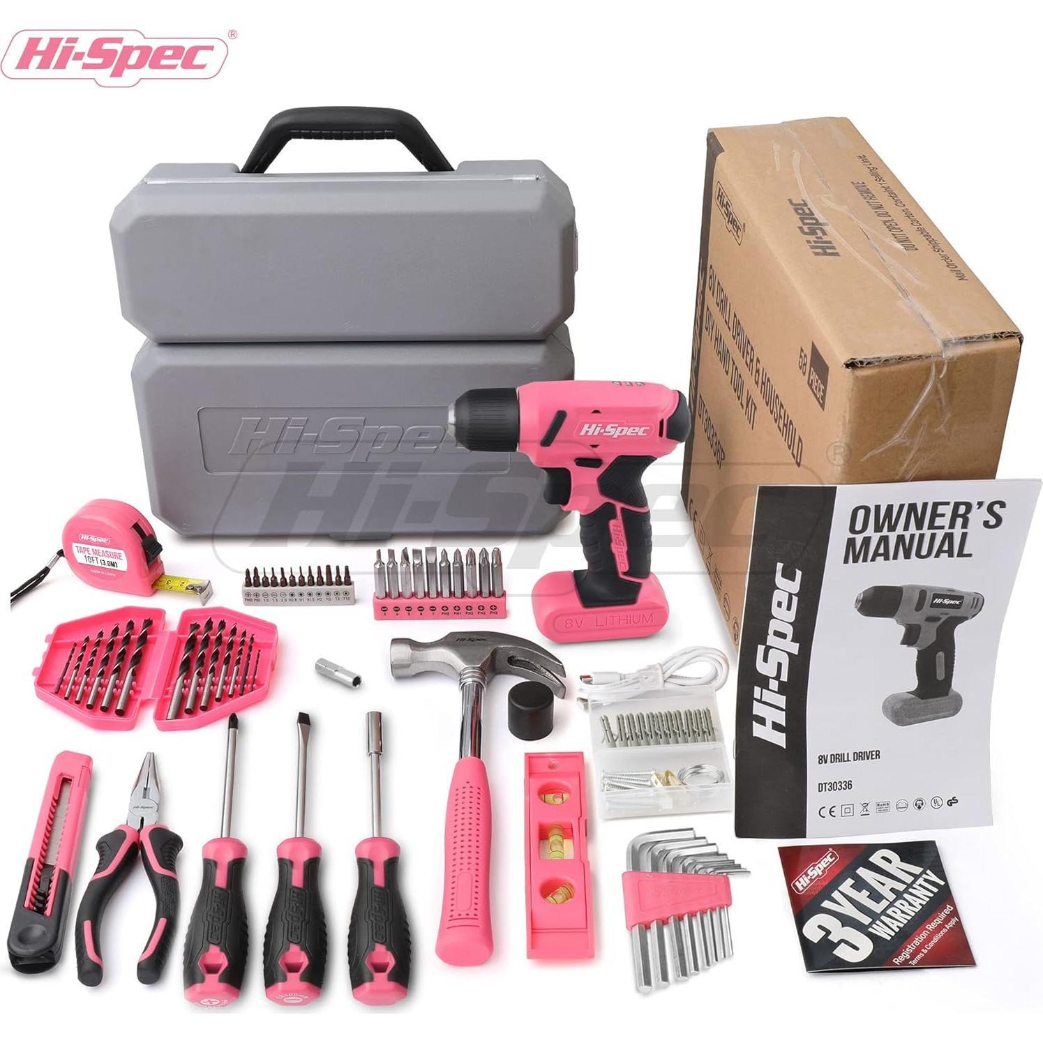 Kit de Herramientas Rosa Hi-Spec 58 Piezas con Taladro 8V