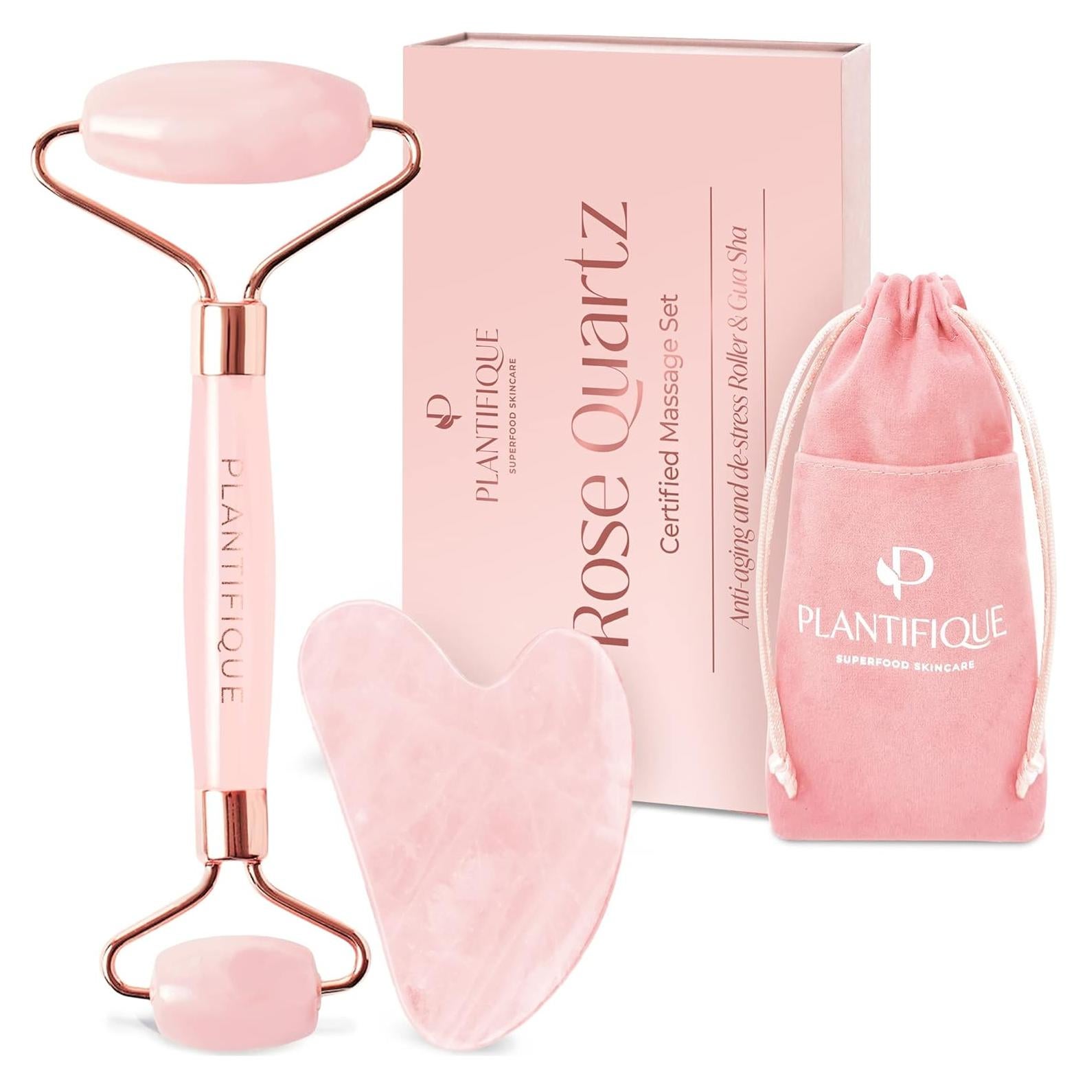Rodillo Facial y Gua Sha de Cuarzo Rosa Plantifique 17cm