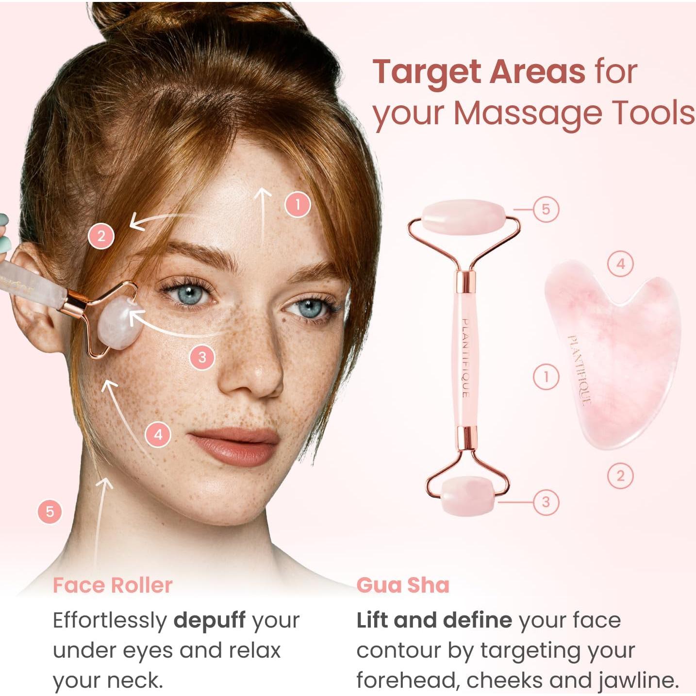 Rodillo Facial y Gua Sha de Cuarzo Rosa Plantifique 17cm