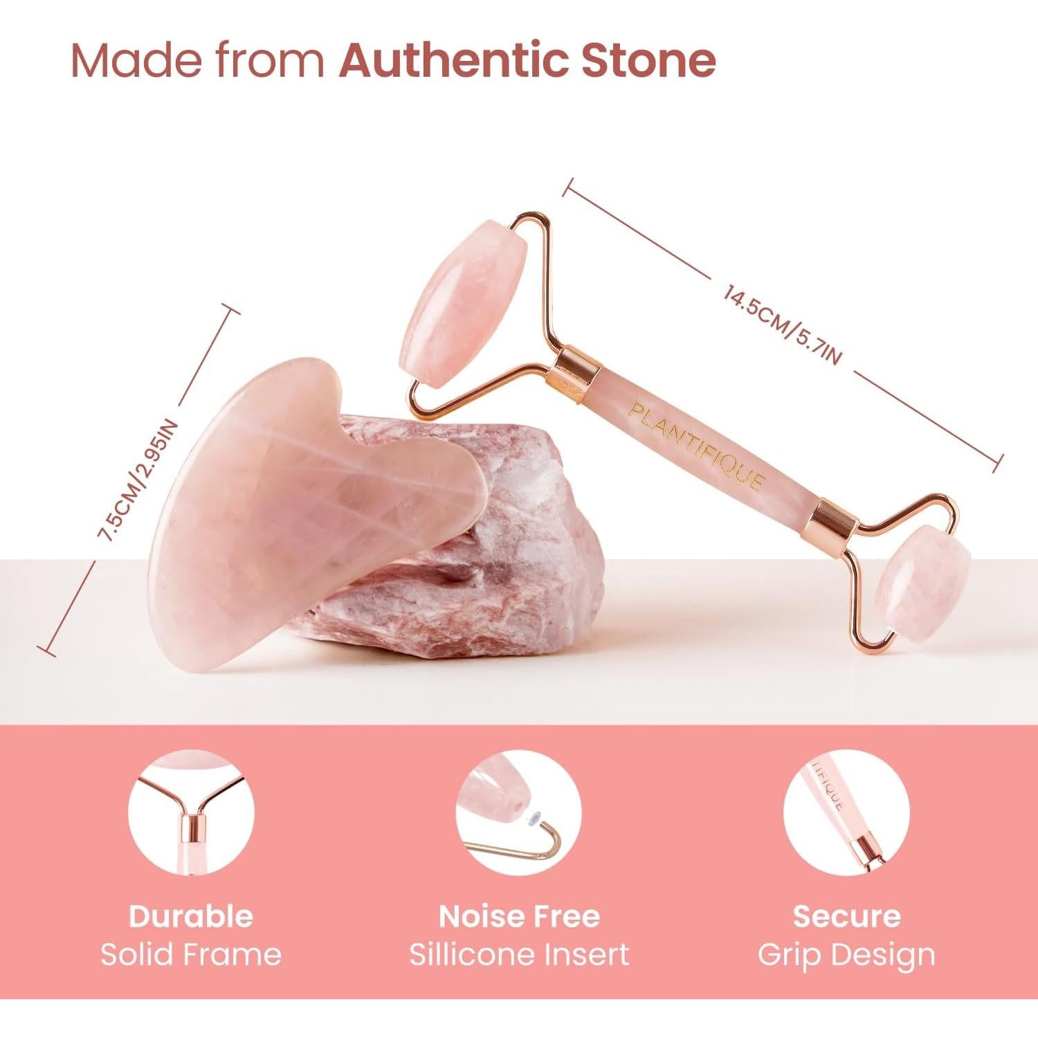 Rodillo Facial y Gua Sha de Cuarzo Rosa Plantifique 17cm