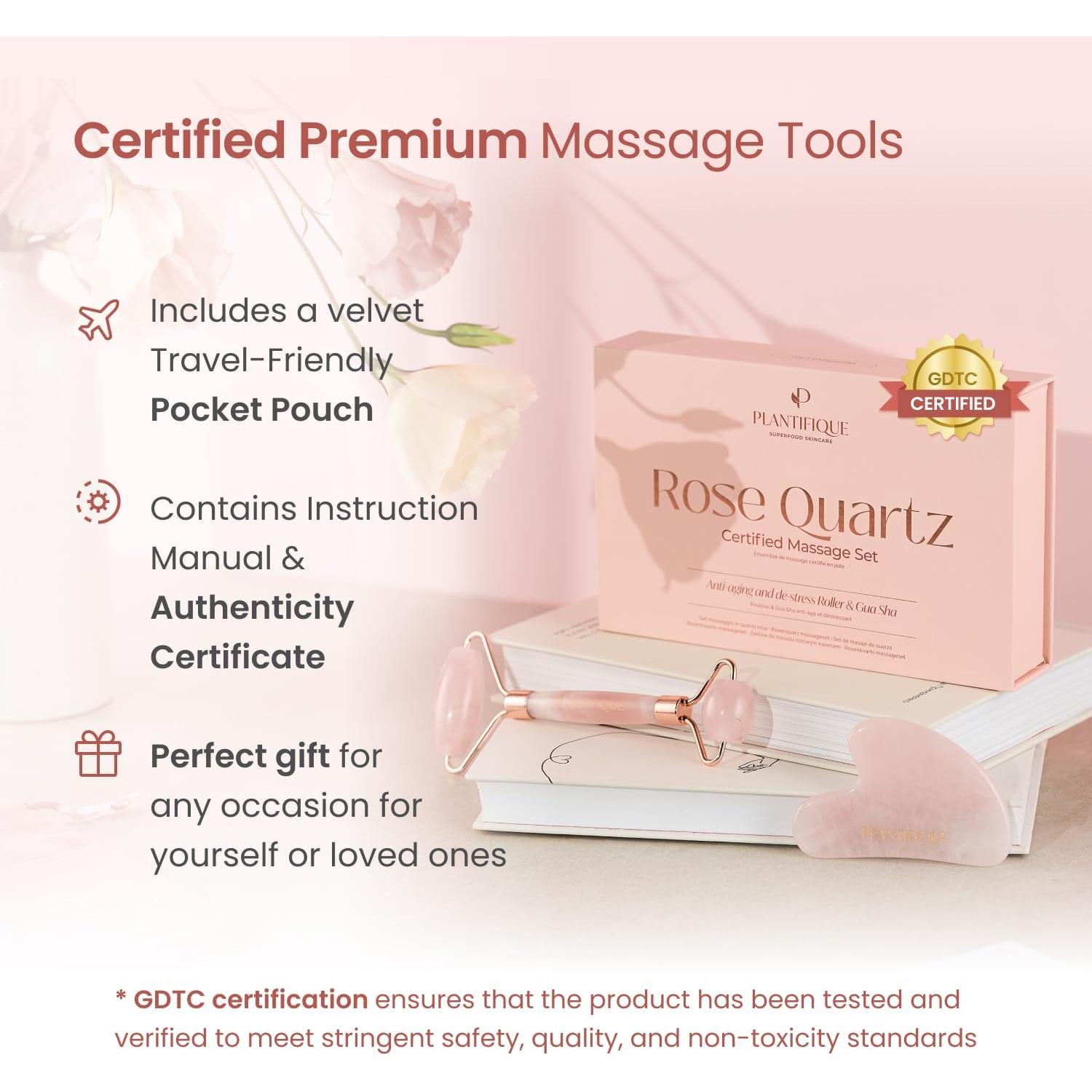 Rodillo Facial y Gua Sha de Cuarzo Rosa Plantifique 17cm