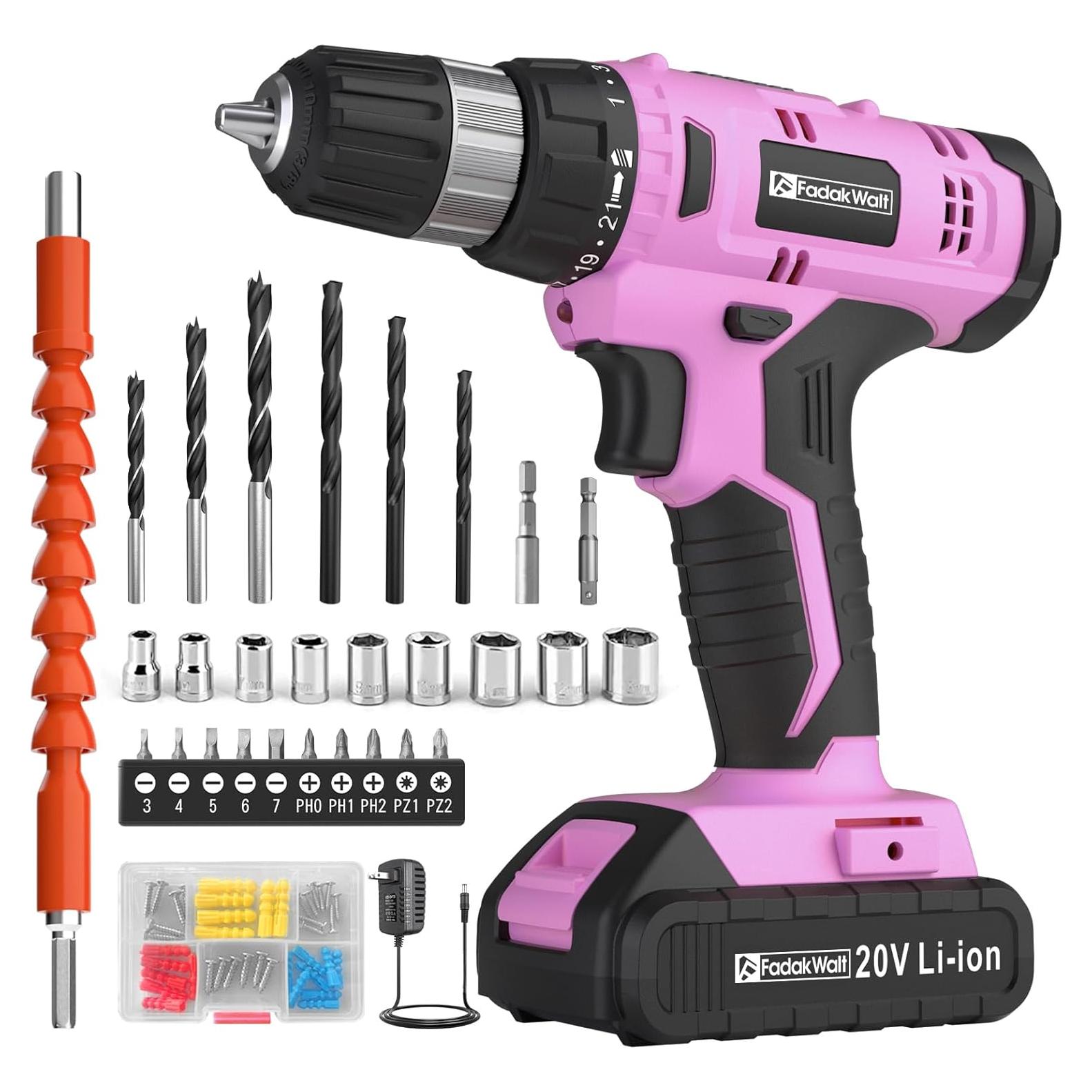 Taladro Inalámbrico FADAKWALT 20V con Batería y Cargador Rosa