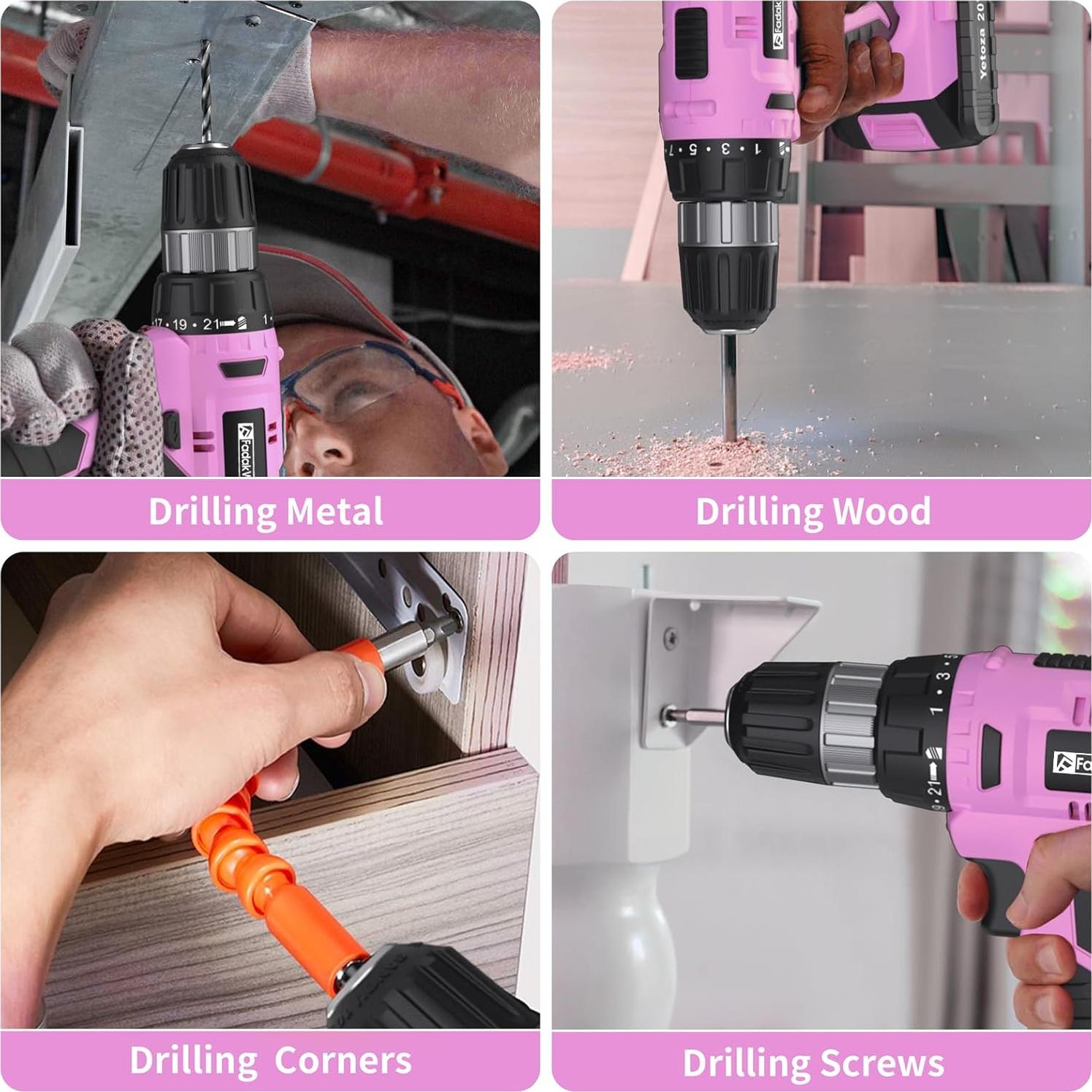 Taladro Inalámbrico FADAKWALT 20V con Batería y Cargador Rosa