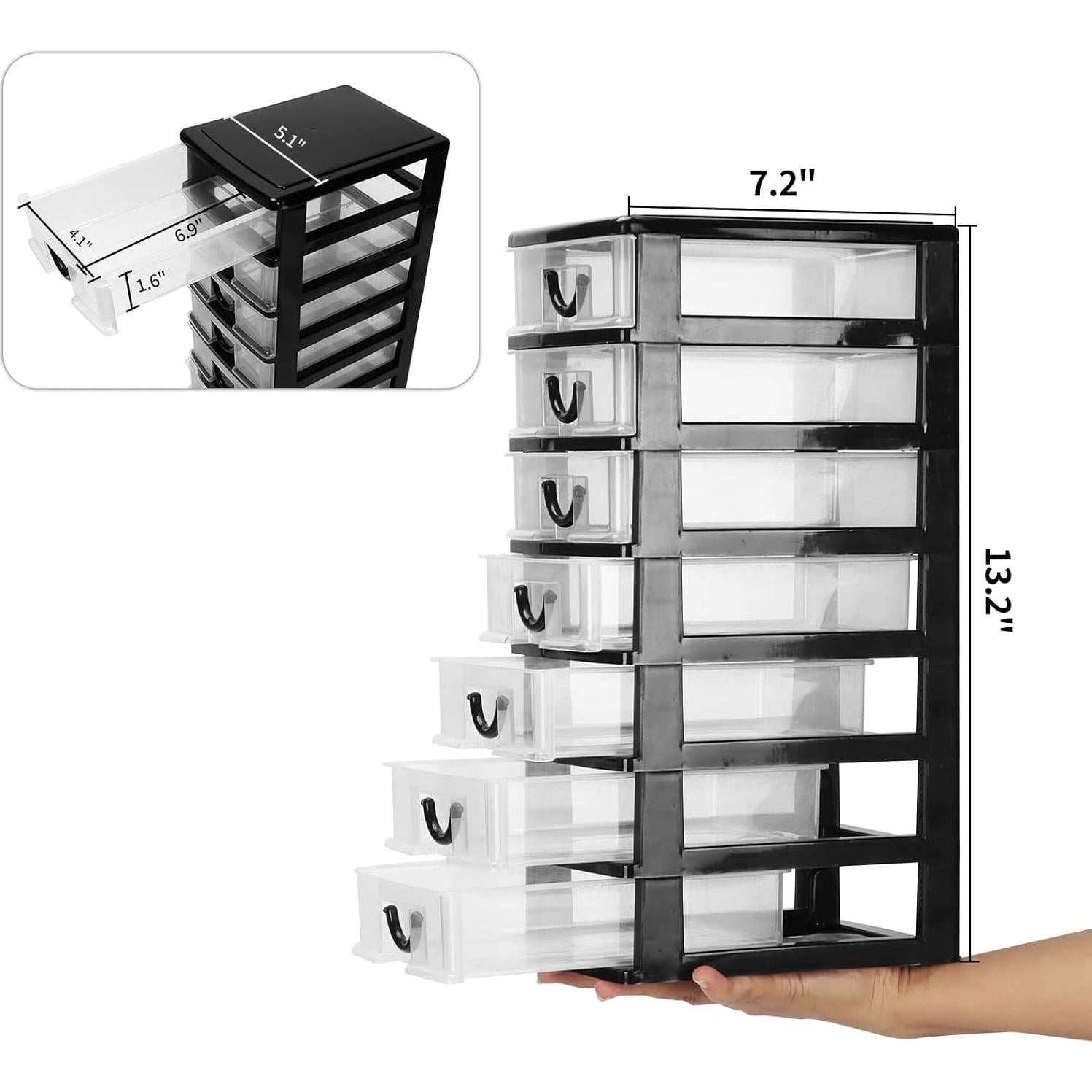 Rempry Mini Plastic Drawers Organizer, 7.1"cx5.1"x13.2" Small Storage Drawers Containers with 7 Clear Drawer Units, Black