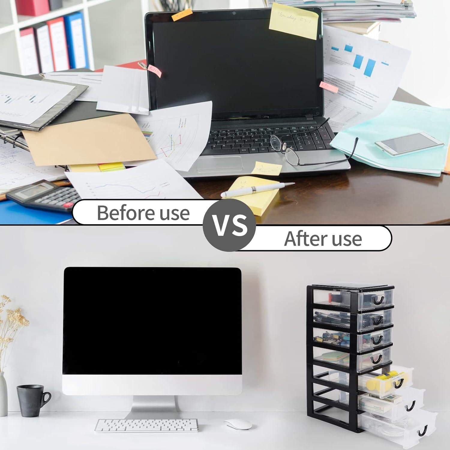 Rempry Mini Plastic Drawers Organizer, 7.1"cx5.1"x13.2" Small Storage Drawers Containers with 7 Clear Drawer Units, Black