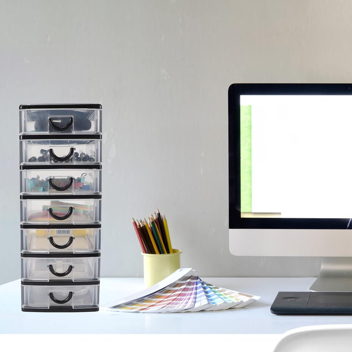 Rempry Mini Plastic Drawers Organizer, 7.1"cx5.1"x13.2" Small Storage Drawers Containers with 7 Clear Drawer Units, Black