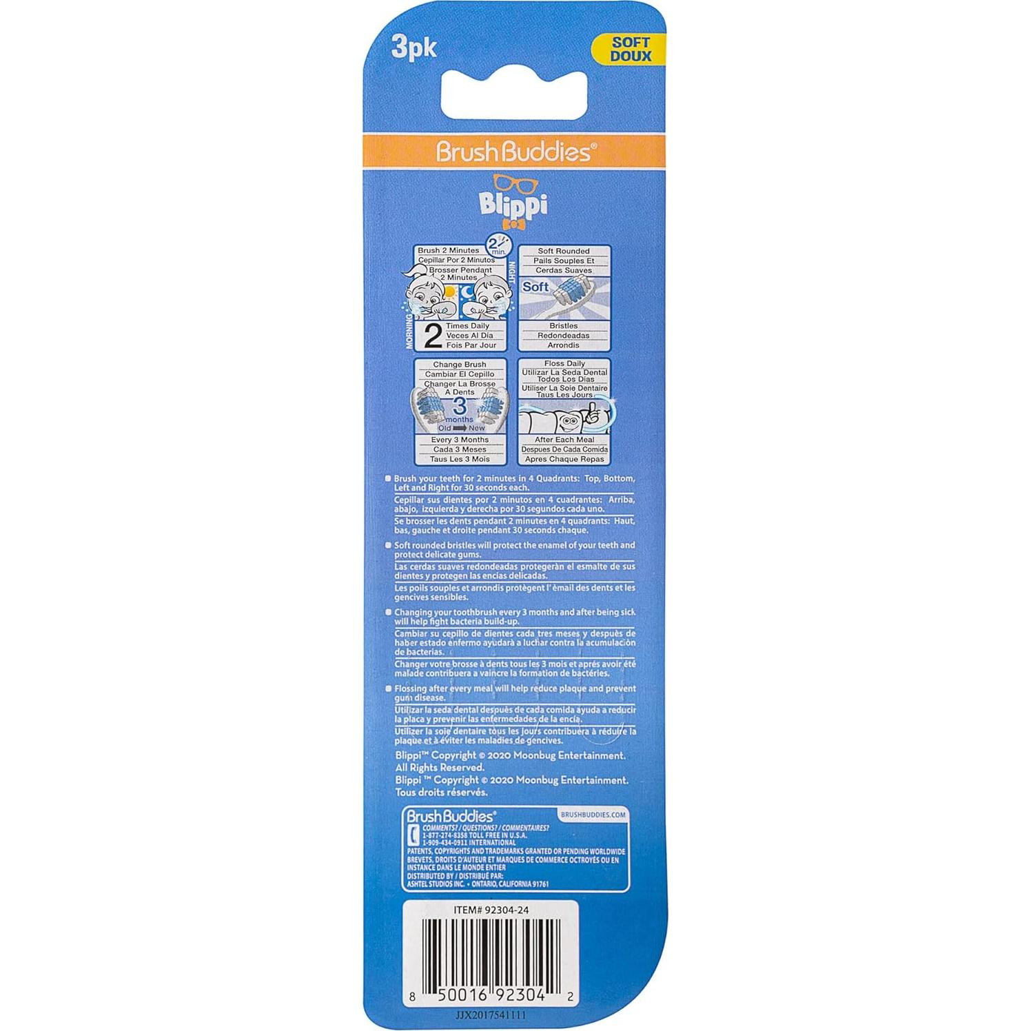 Brush Buddies Blippi Kids Toothbrushes, Manual Toothbrushes for Kids, Toothbrush for Toddlers 2-4 Years, Blippi Childrens Toothbrush, Soft Toothbrushes, 3 Count