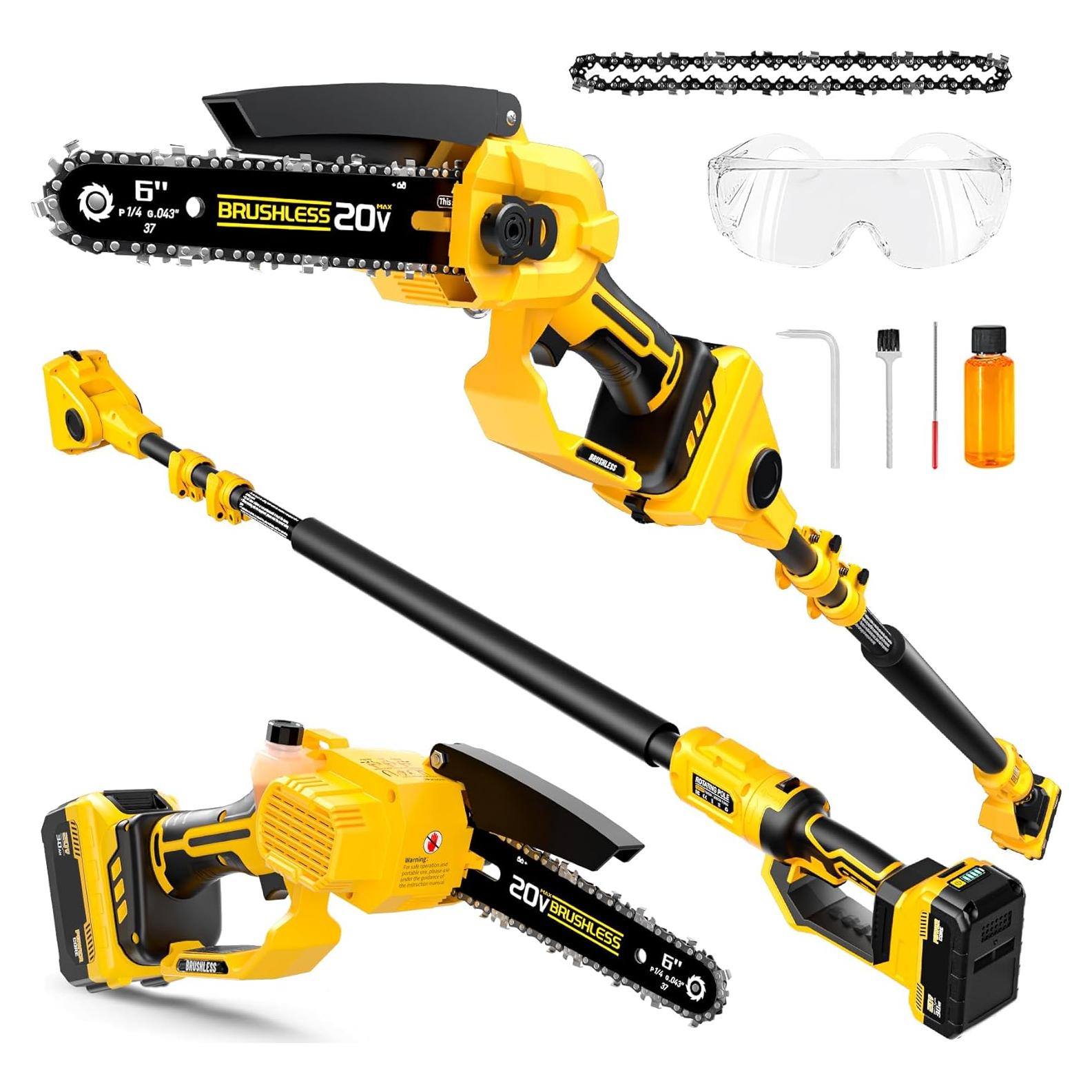 2-in-1 Cordless 6 Inch Pole Saw & Mini Chainsaw, 20V MAX* 3.0 Ah Battery Powered Chain Saw, Brushless Motor, Lightweight (7.1 lbs), 14.2 FT Max Reach Pole Saw for Tree Trimming, Wood Cutting