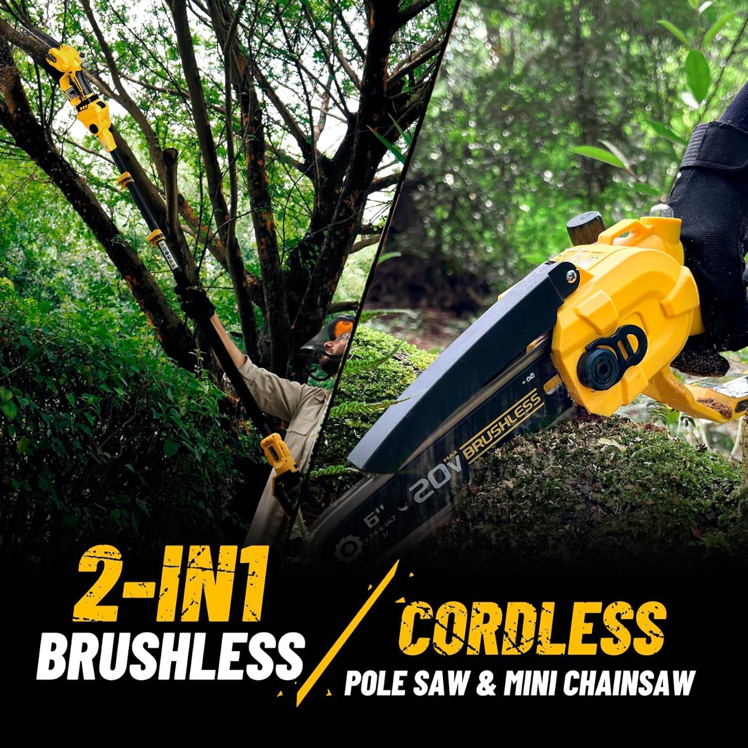 2-in-1 Cordless 6 Inch Pole Saw & Mini Chainsaw, 20V MAX* 3.0 Ah Battery Powered Chain Saw, Brushless Motor, Lightweight (7.1 lbs), 14.2 FT Max Reach Pole Saw for Tree Trimming, Wood Cutting